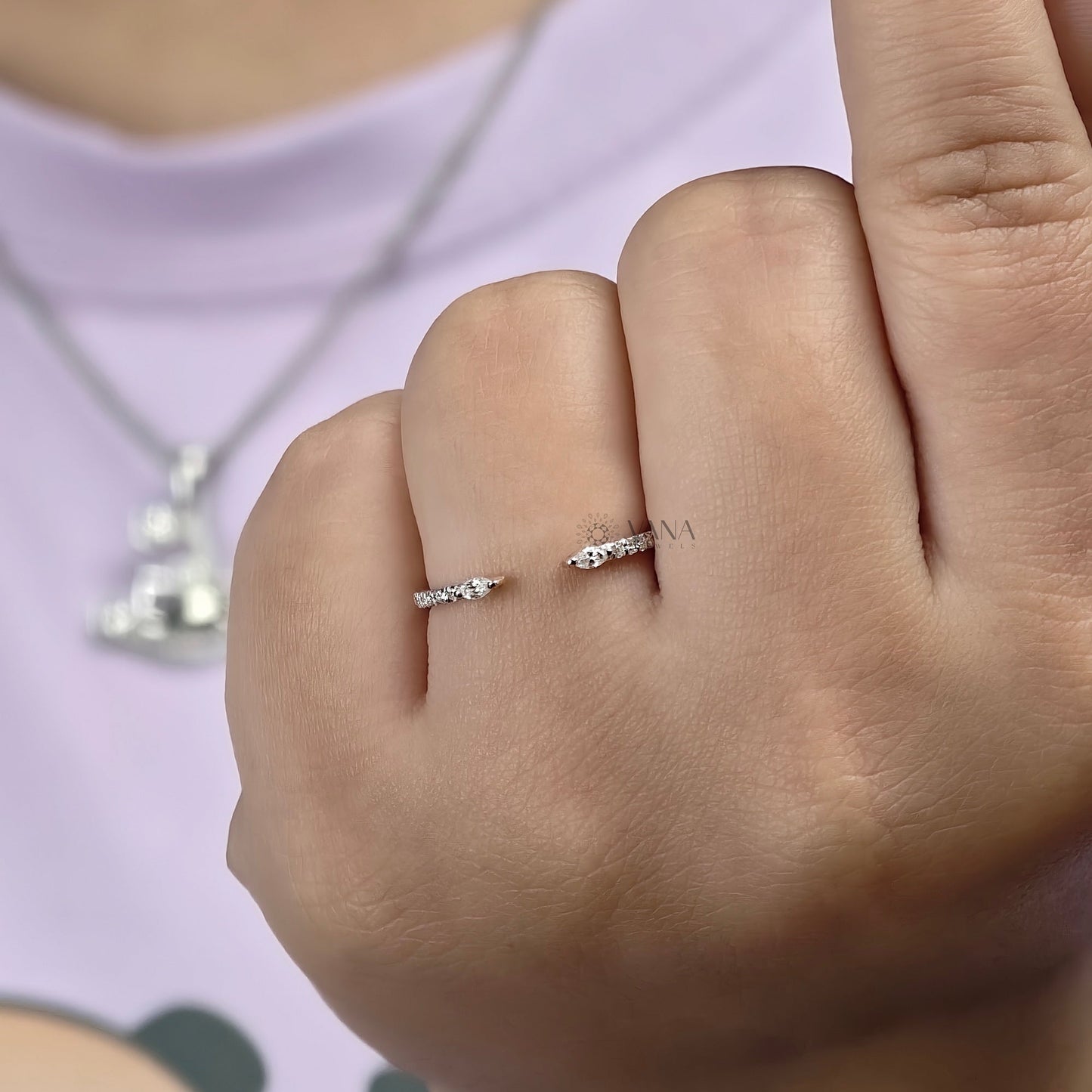 Open Gap Wedding Band with Marquise and Round Cut Moissanite in 14K Rose Gold