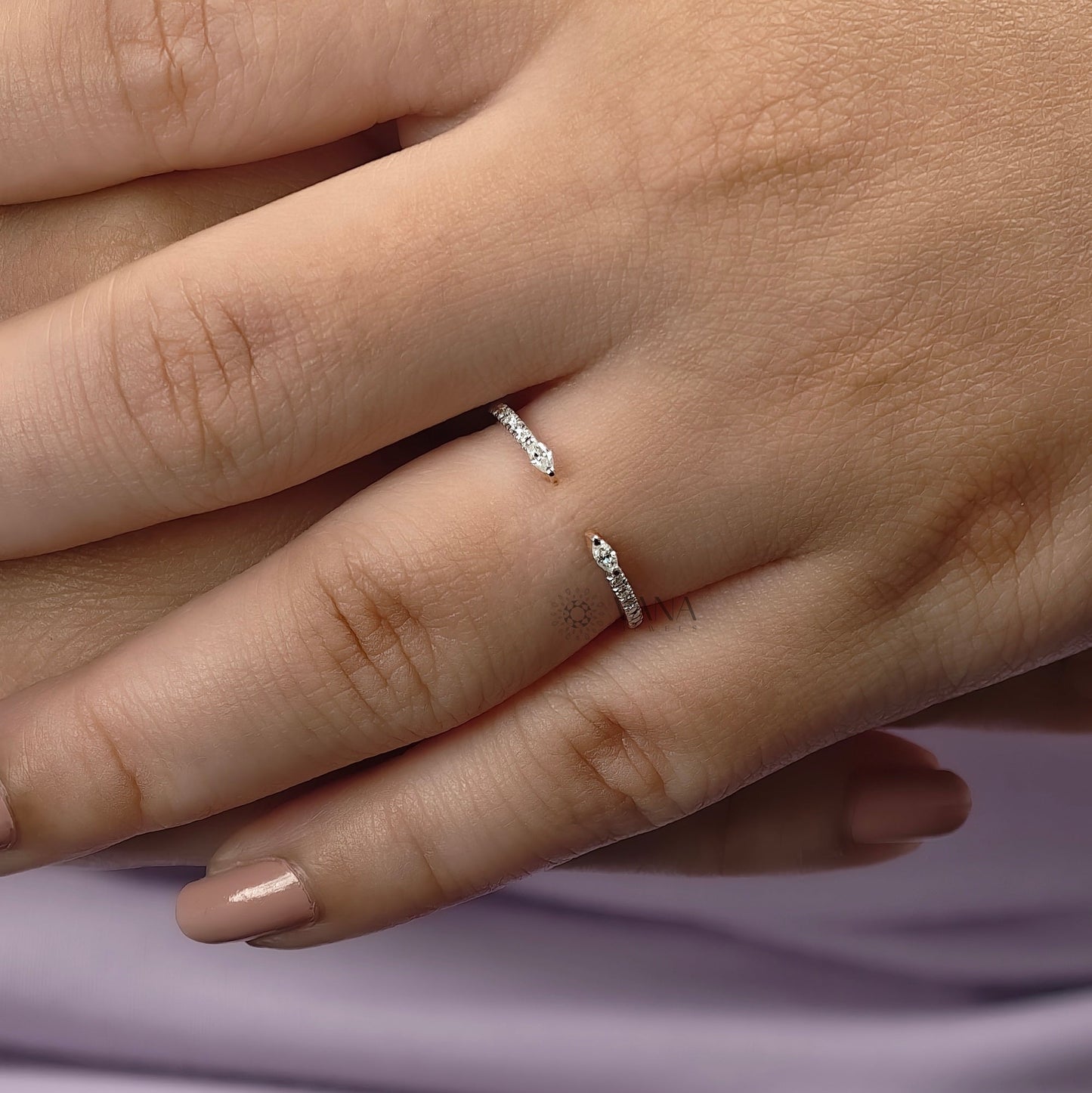 Open Gap Wedding Band with Marquise and Round Cut Moissanite in 14K Rose Gold