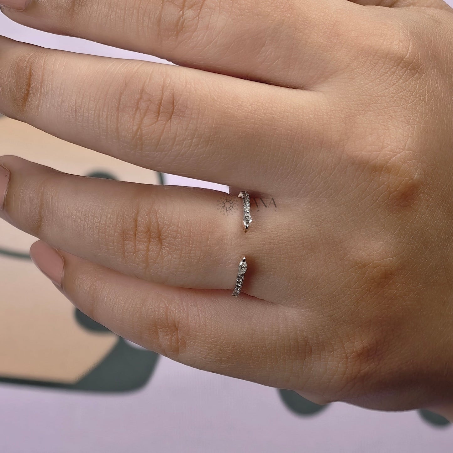 Open Gap Wedding Band with Marquise and Round Cut Moissanite in 14K Rose Gold