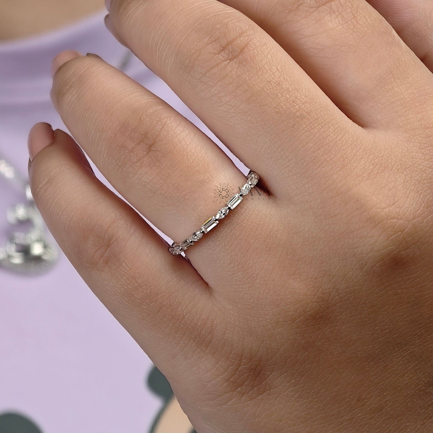 Minimalist Baguette and Marquise Cut Full Eternity Wedding Band with Alternative Style