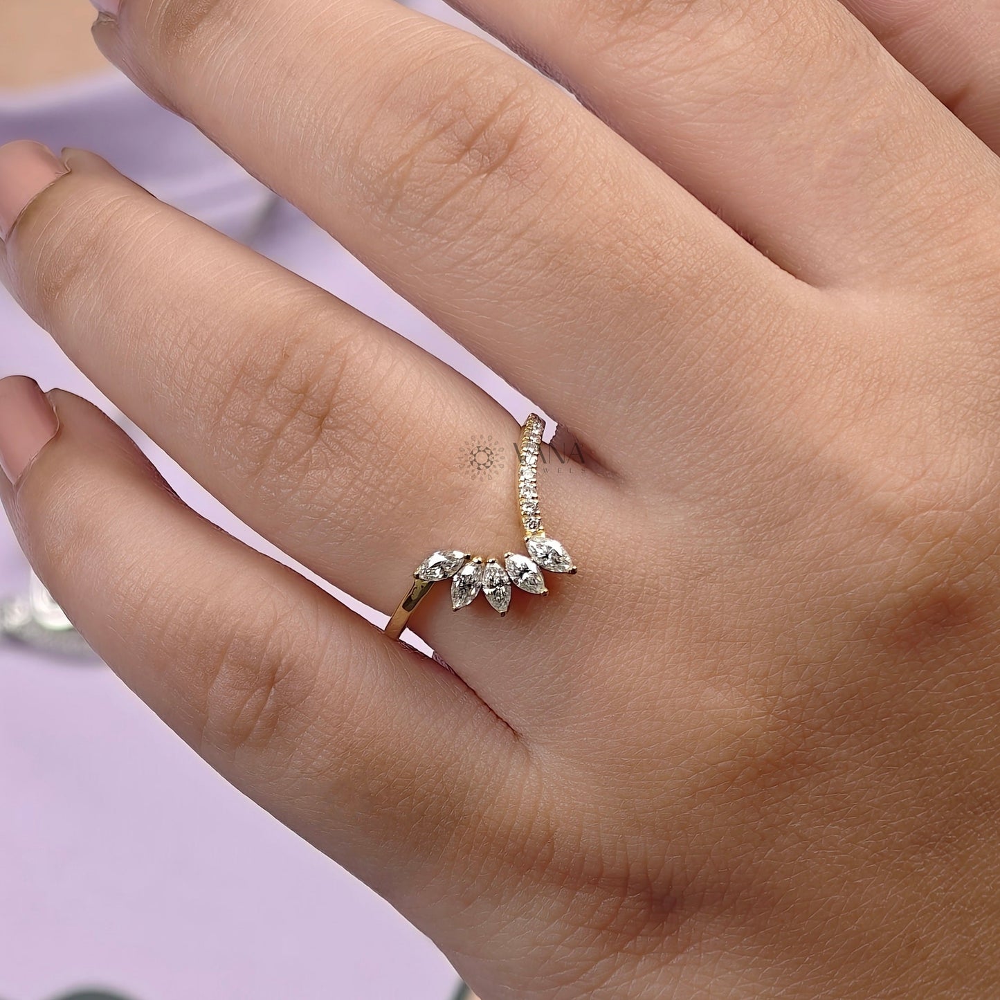 Curved Tiara Wedding Band, Marquise and Round Cut Moissanite Chevron Ring