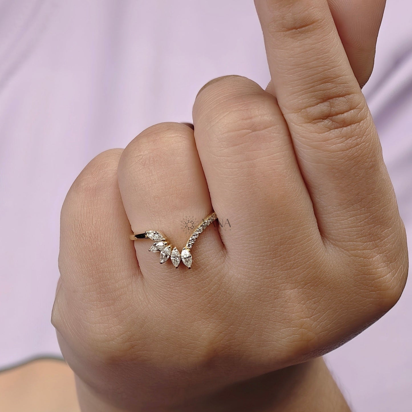 Curved Tiara Wedding Band, Marquise and Round Cut Moissanite Chevron Ring