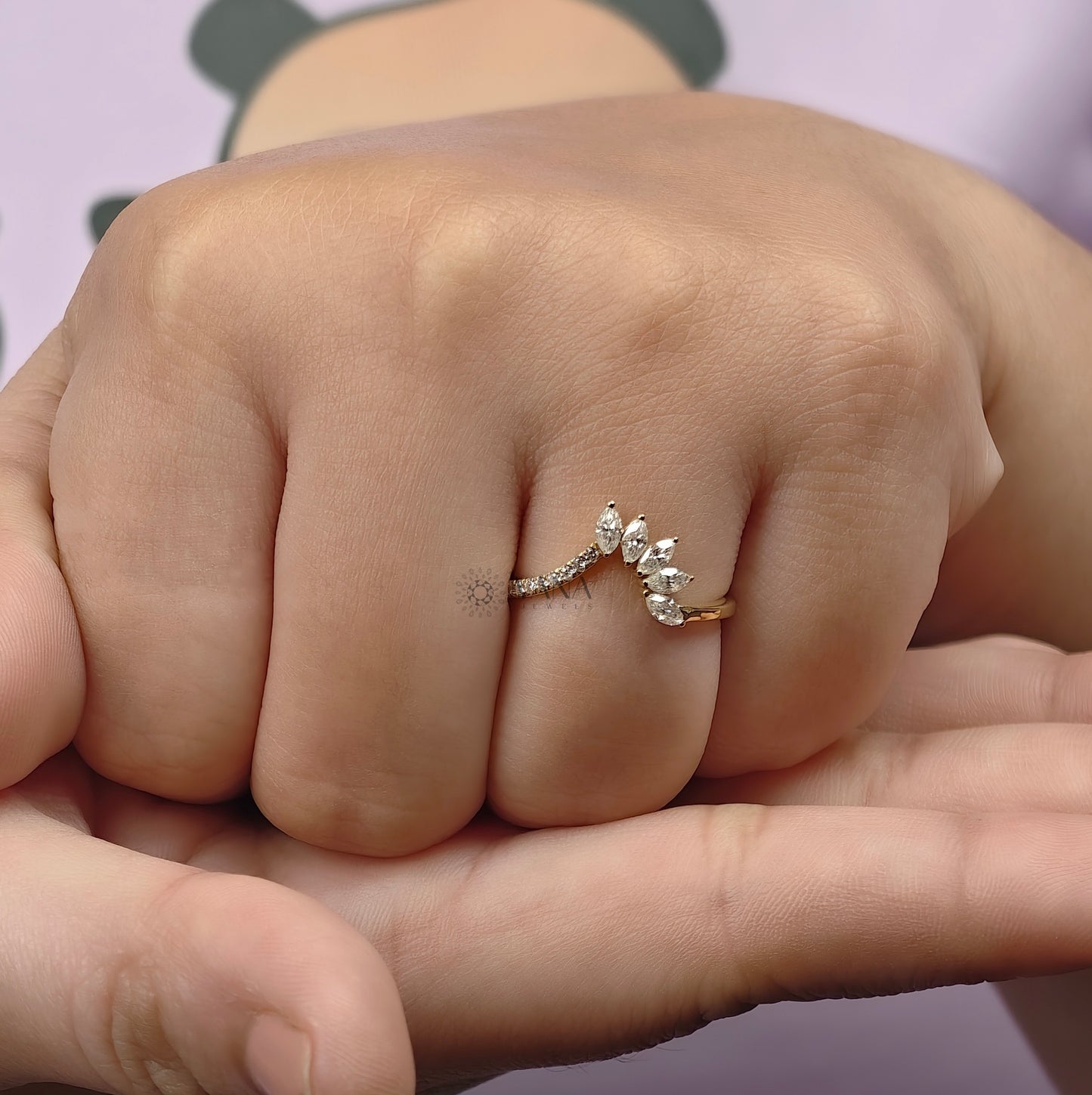 Curved Tiara Wedding Band, Marquise and Round Cut Moissanite Chevron Ring