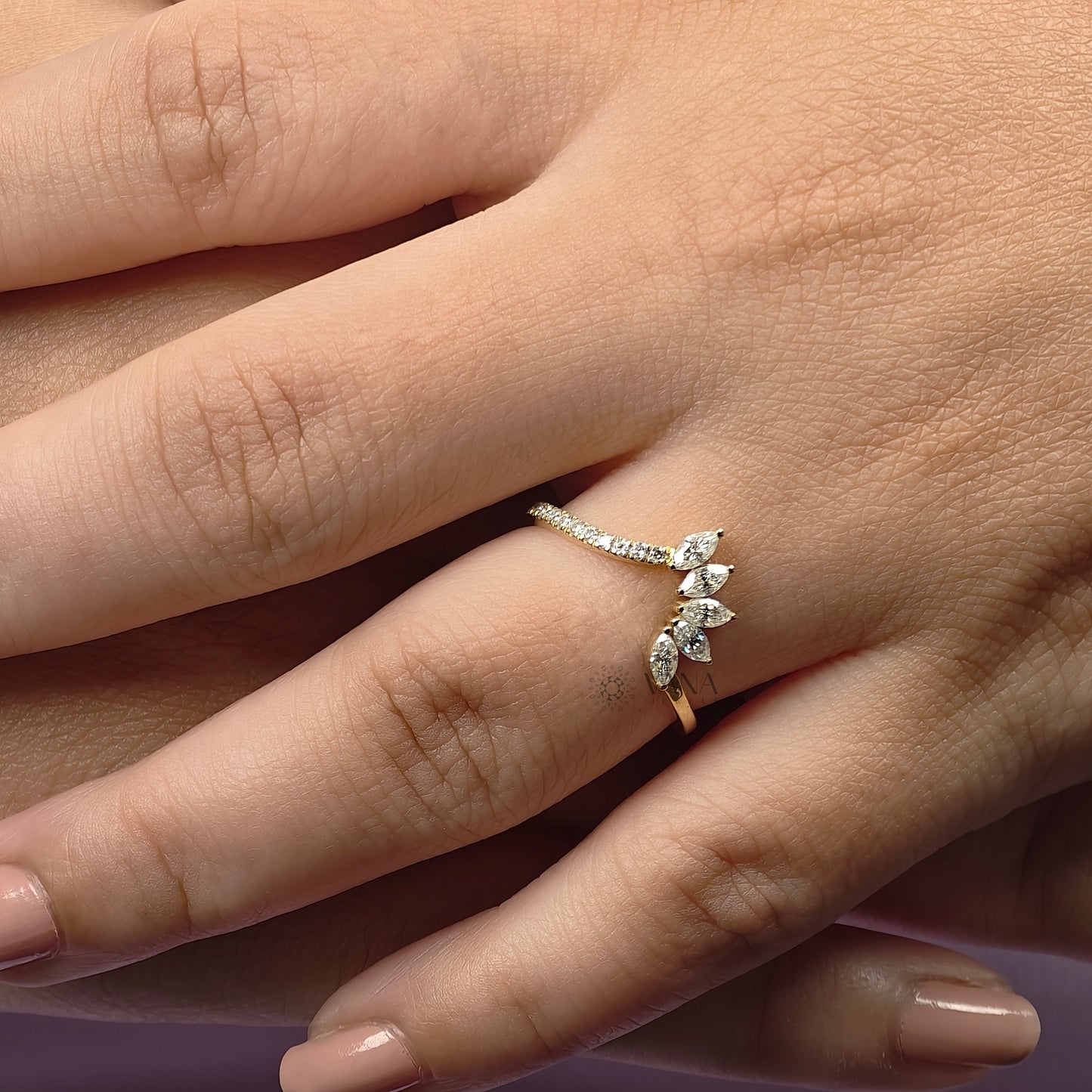 Curved Tiara Wedding Band, Marquise and Round Cut Moissanite Chevron Ring