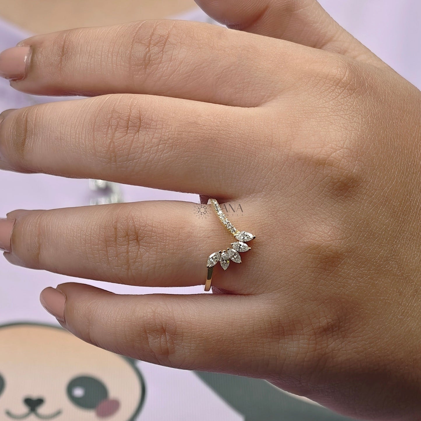 Curved Tiara Wedding Band, Marquise and Round Cut Moissanite Chevron Ring