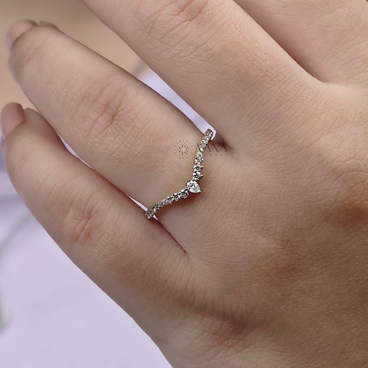 V Shaped Chevron Wedding Band with Pear and Round Cut Moissanite Ring