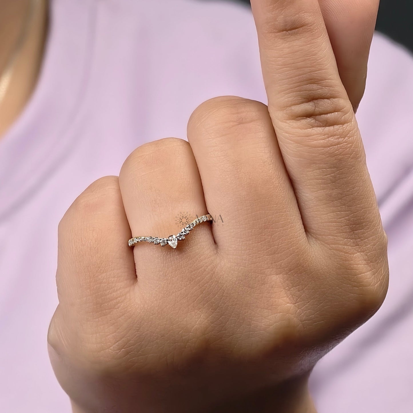 V Shaped Chevron Wedding Band with Pear and Round Cut Moissanite Ring