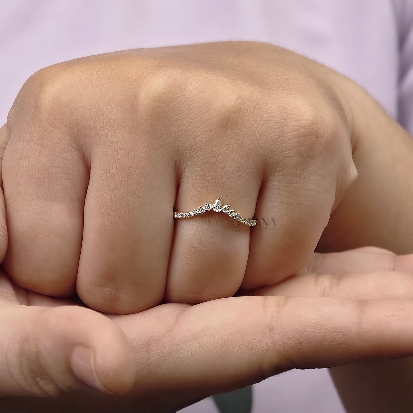 V Shaped Chevron Wedding Band with Pear and Round Cut Moissanite Ring