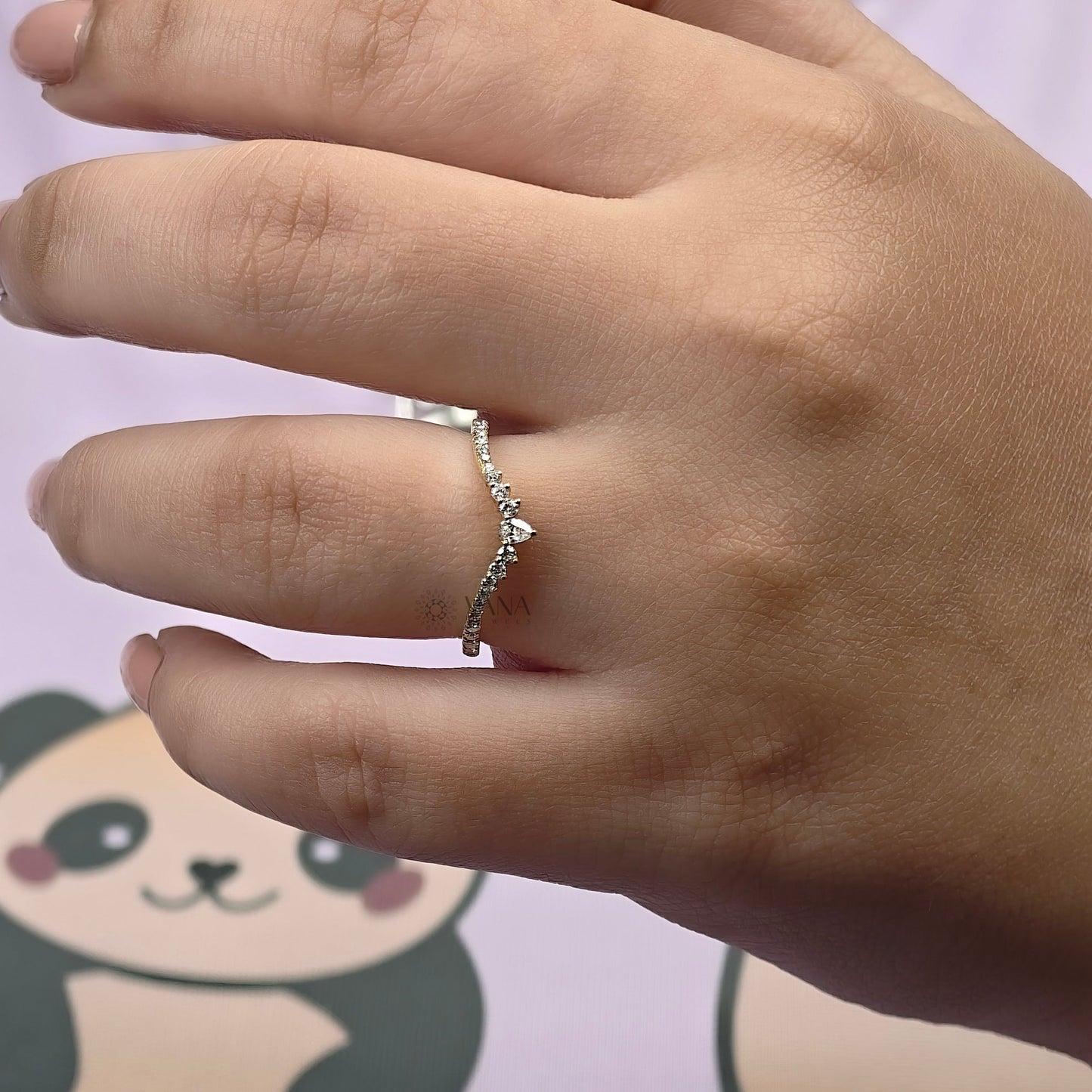 V Shaped Chevron Wedding Band with Pear and Round Cut Moissanite Ring