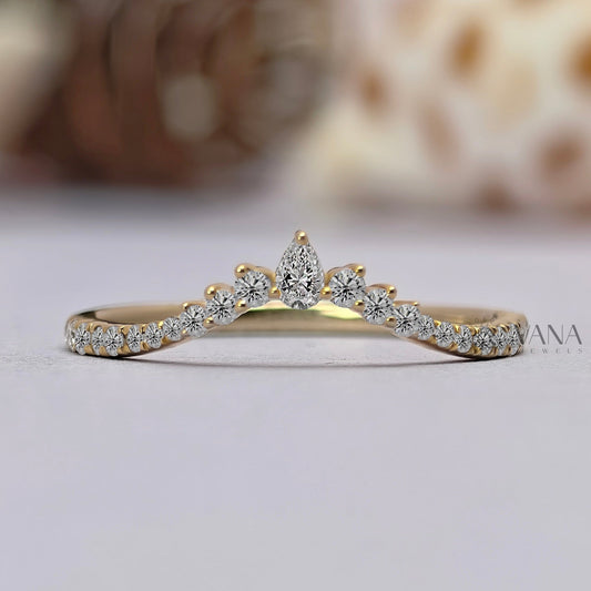 V Shaped Chevron Wedding Band with Pear and Round Cut Moissanite Ring