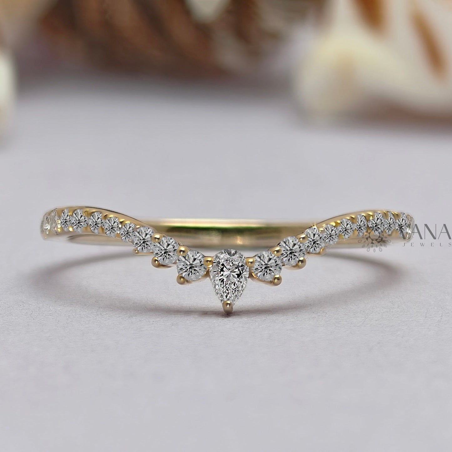 V Shaped Chevron Wedding Band with Pear and Round Cut Moissanite Ring