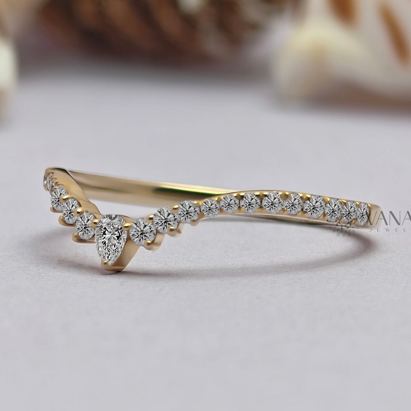 V Shaped Chevron Wedding Band with Pear and Round Cut Moissanite Ring