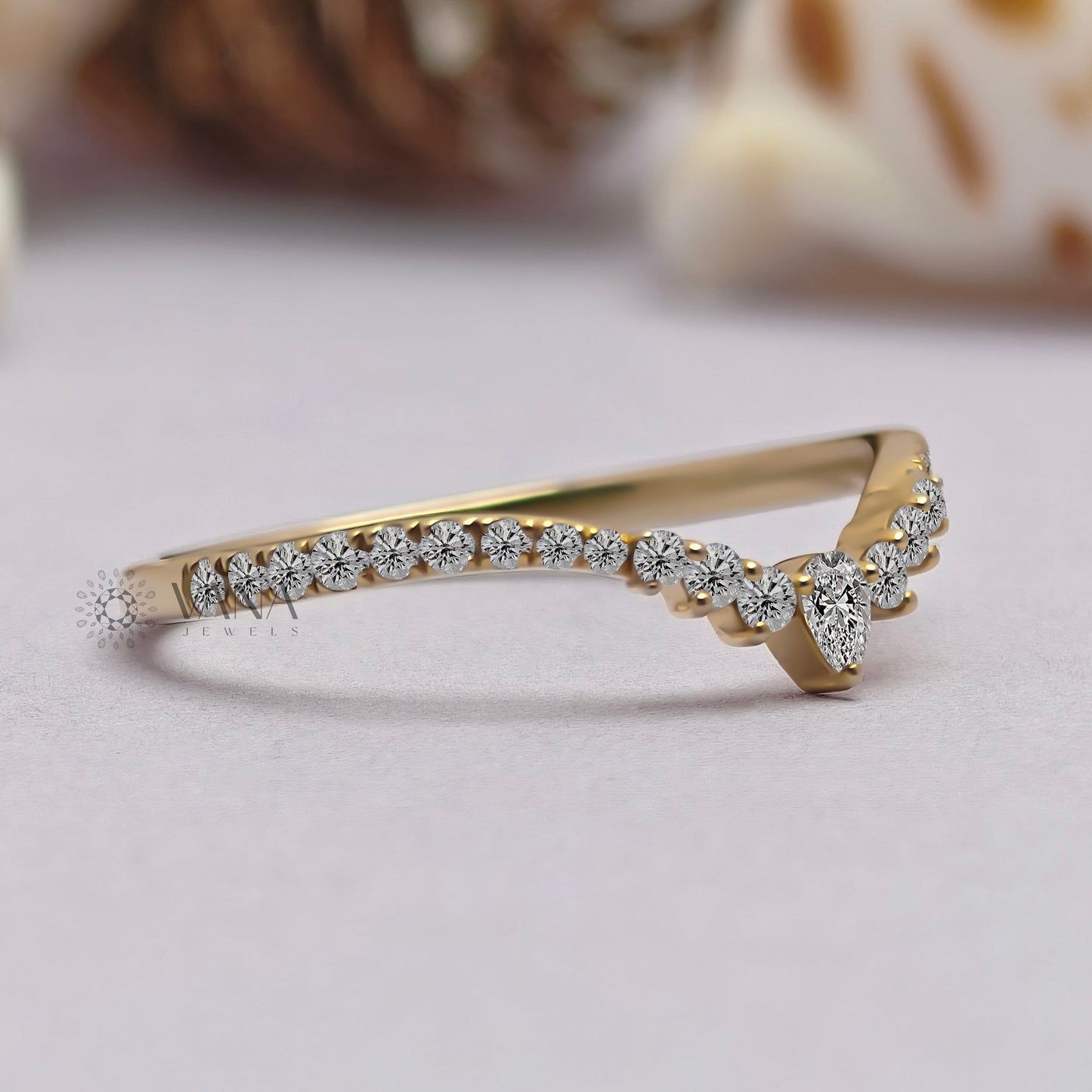 V Shaped Chevron Wedding Band with Pear and Round Cut Moissanite Ring