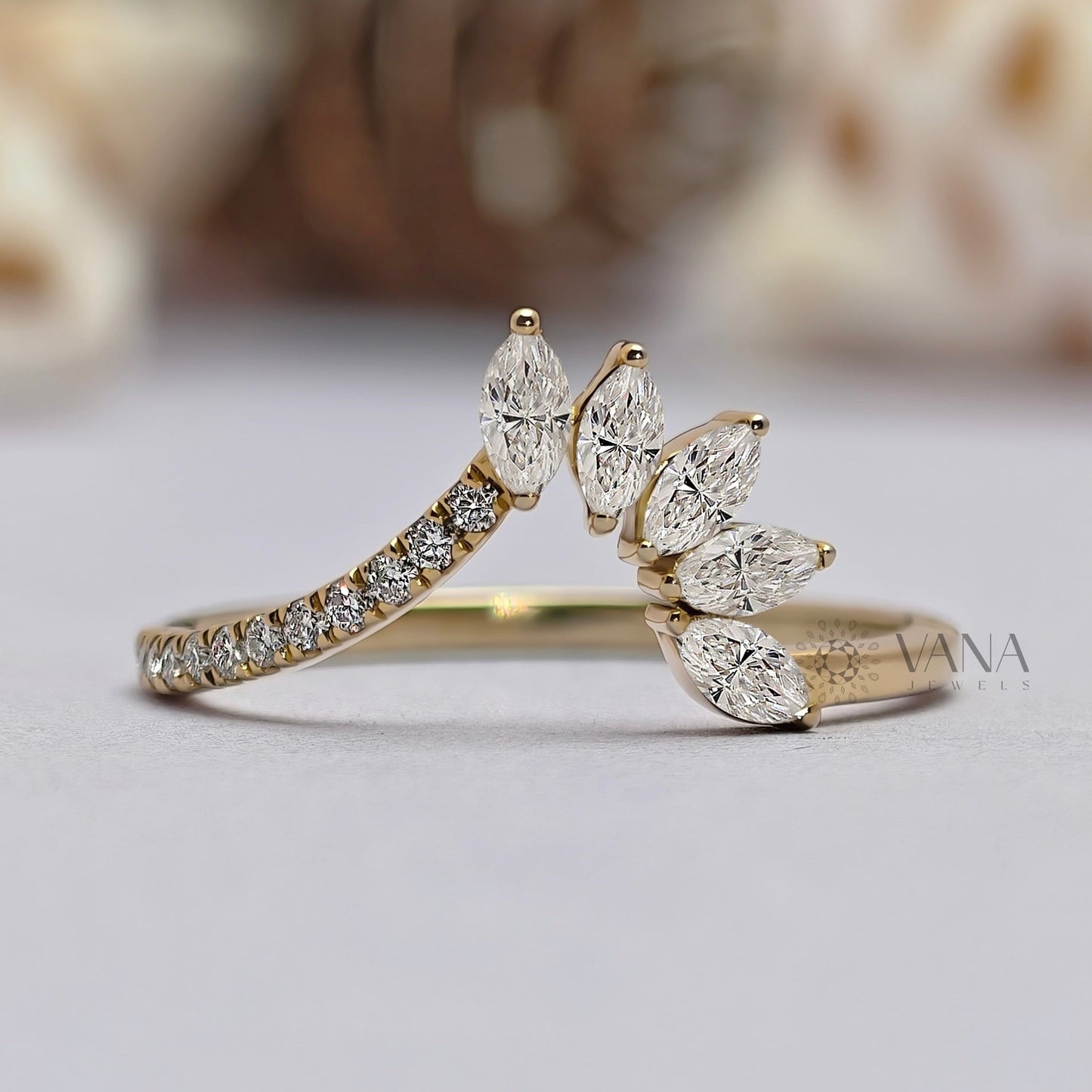 Curved Tiara Wedding Band, Marquise and Round Cut Moissanite Chevron Ring