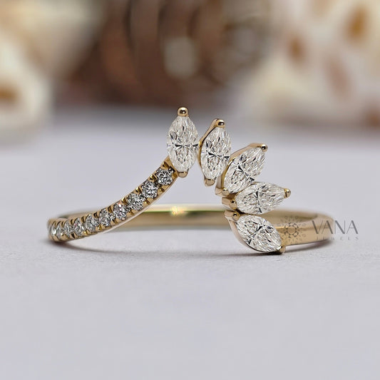 Curved Tiara Wedding Band, Marquise and Round Cut Moissanite Chevron Ring