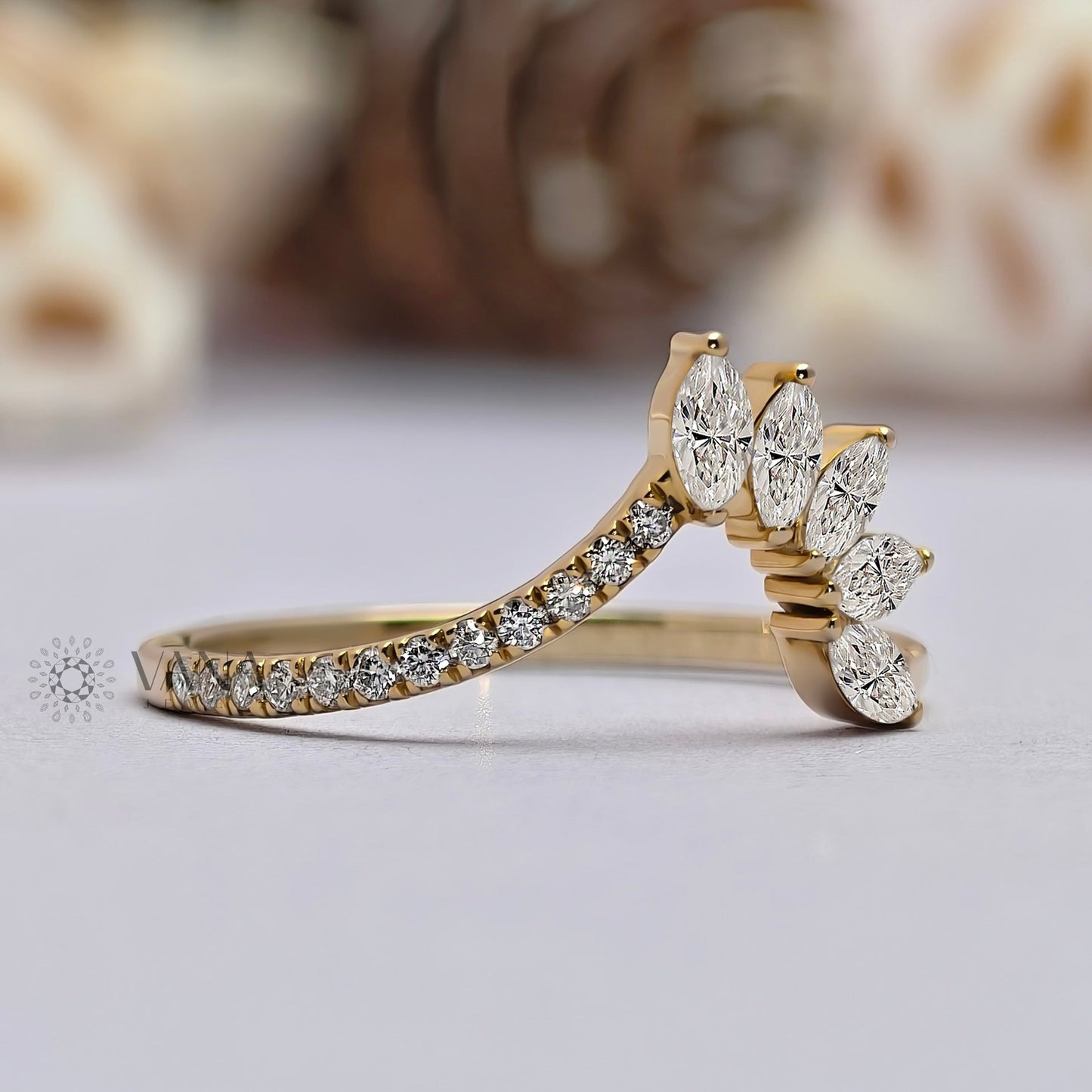 Curved Tiara Wedding Band, Marquise and Round Cut Moissanite Chevron Ring