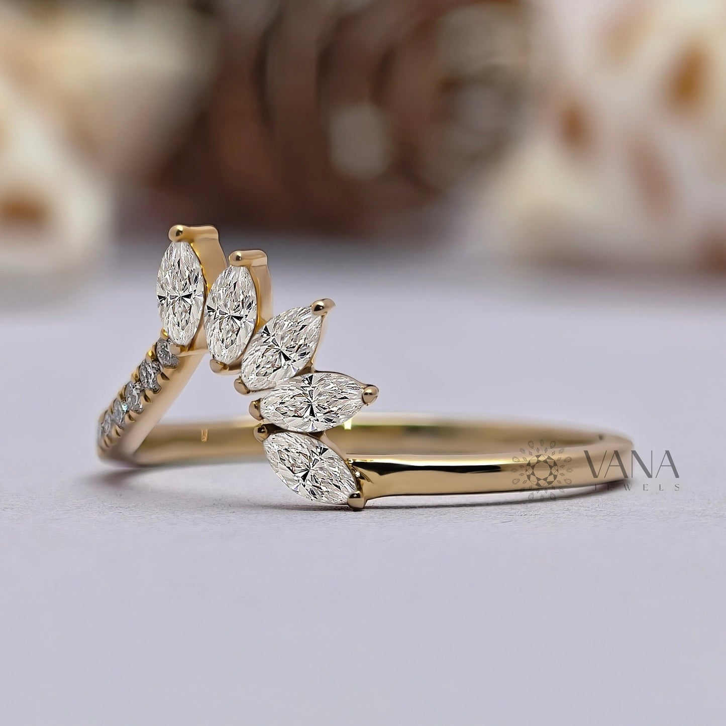 Curved Tiara Wedding Band, Marquise and Round Cut Moissanite Chevron Ring