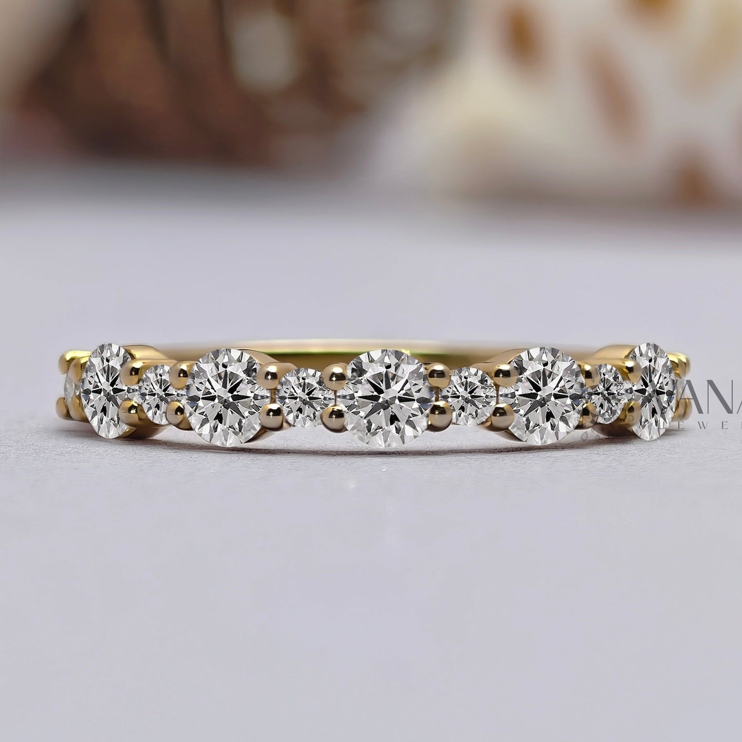 Floating Bubble Round Moissanite Half Eternity Wedding Band in Yellow Gold Jewelry
