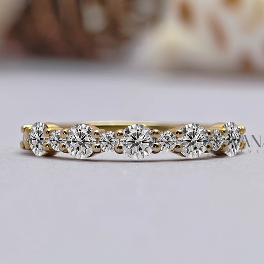 Floating Bubble Round Moissanite Half Eternity Wedding Band in Yellow Gold Jewelry
