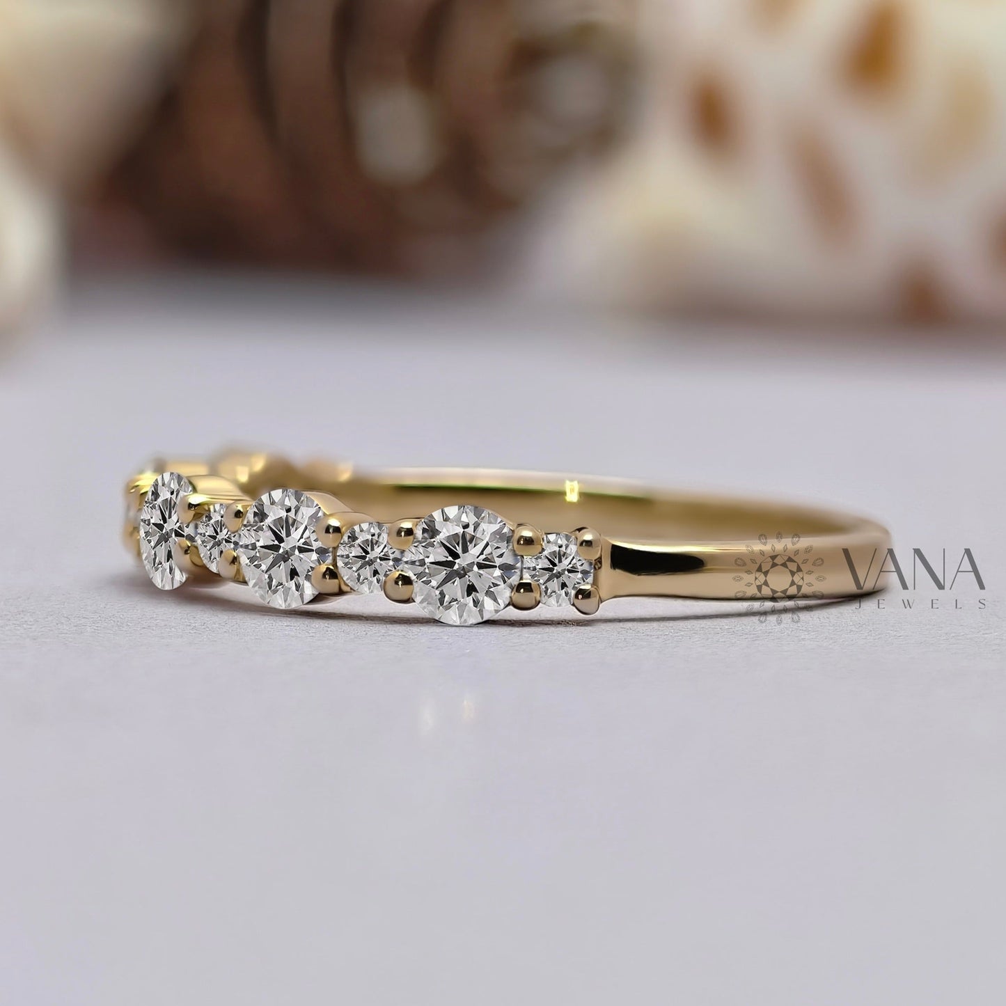 Floating Bubble Round Moissanite Half Eternity Wedding Band in Yellow Gold Jewelry
