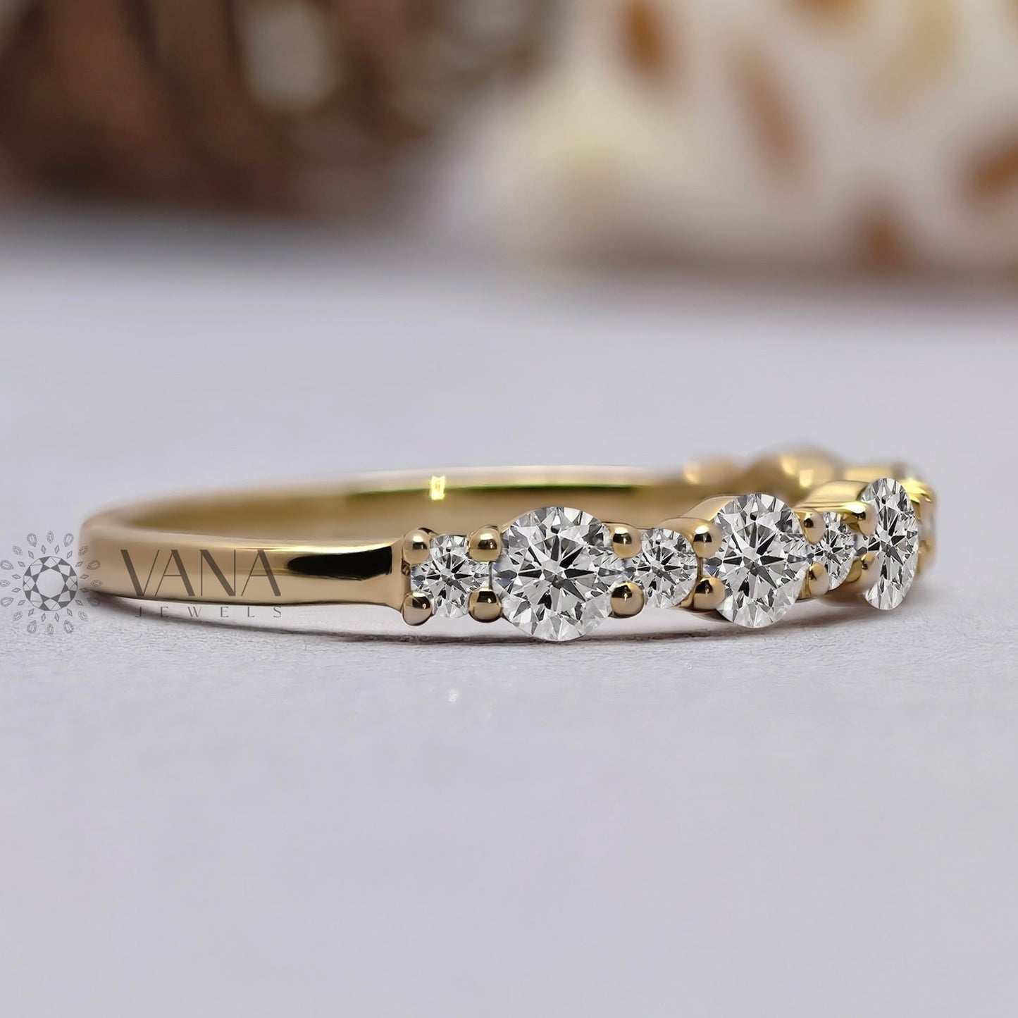 Floating Bubble Round Moissanite Half Eternity Wedding Band in Yellow Gold Jewelry