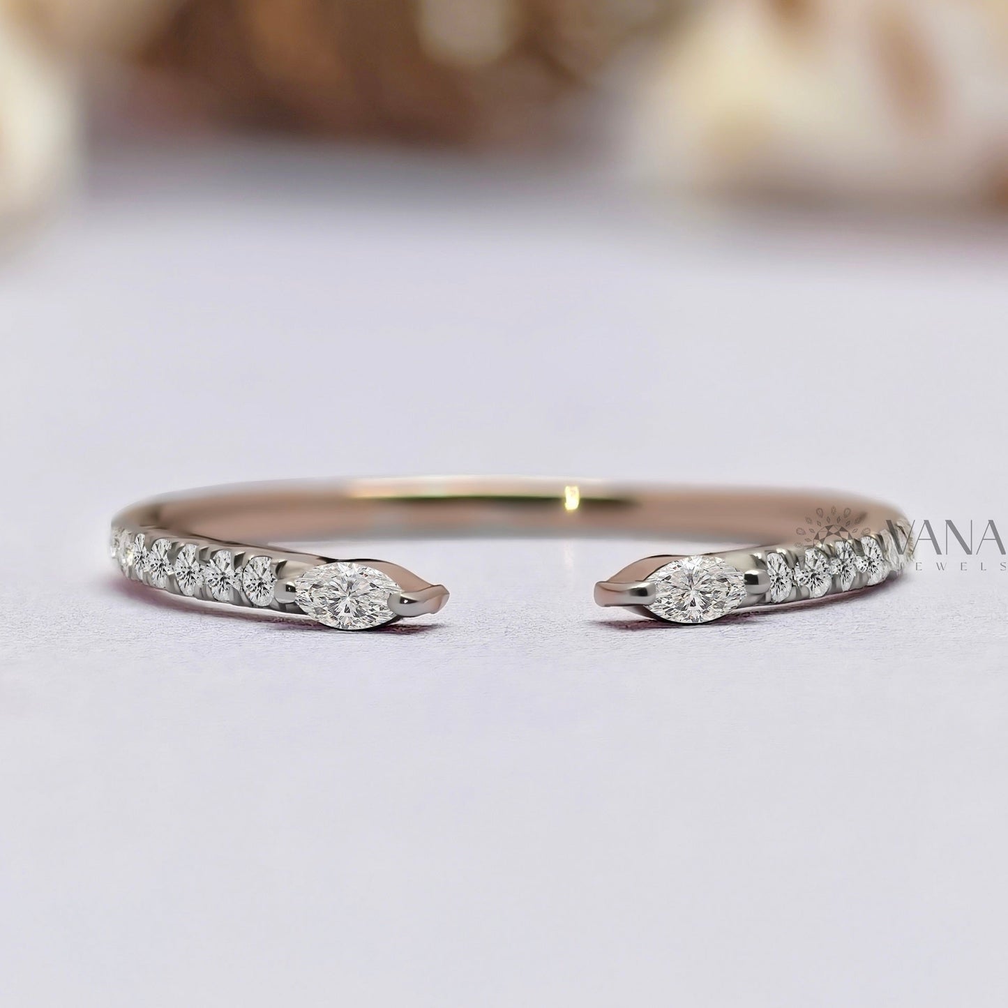 Open Gap Wedding Band with Marquise and Round Cut Moissanite in 14K Rose Gold