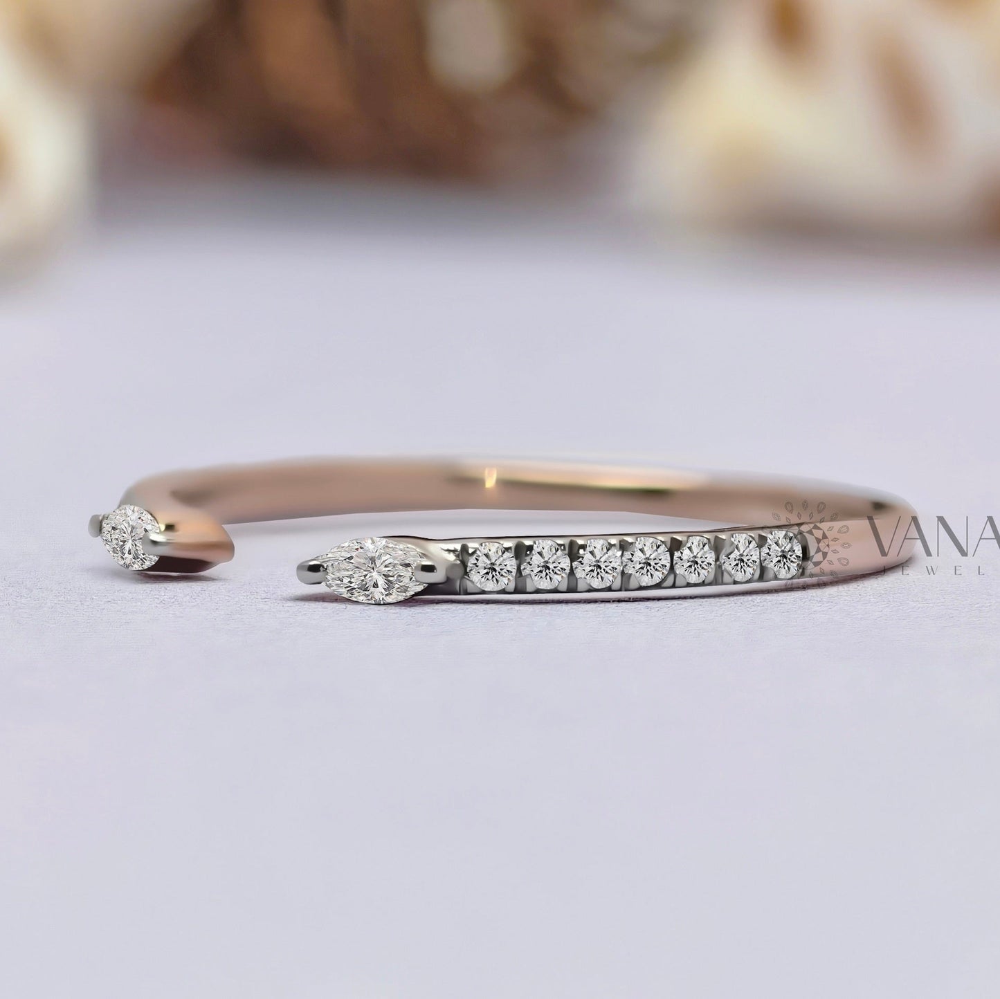 Open Gap Wedding Band with Marquise and Round Cut Moissanite in 14K Rose Gold
