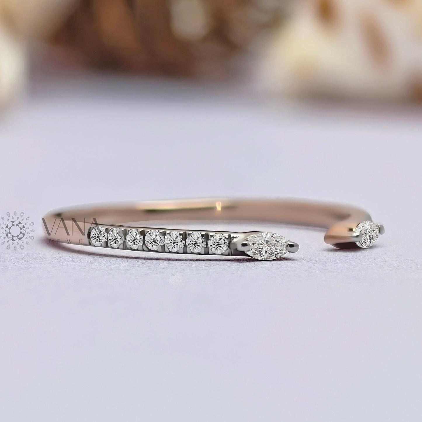 Open Gap Wedding Band with Marquise and Round Cut Moissanite in 14K Rose Gold