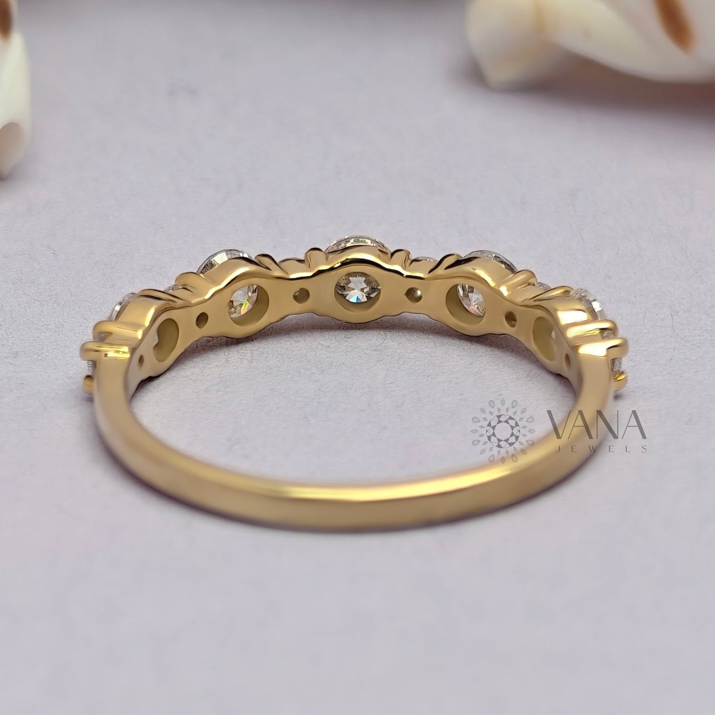 Floating Bubble Round Moissanite Half Eternity Wedding Band in Yellow Gold Jewelry