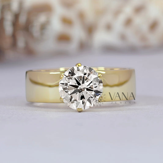 2.00 CT Round Cut Moissanite Wide Band Solitaire Engagement Ring in Yellow Gold