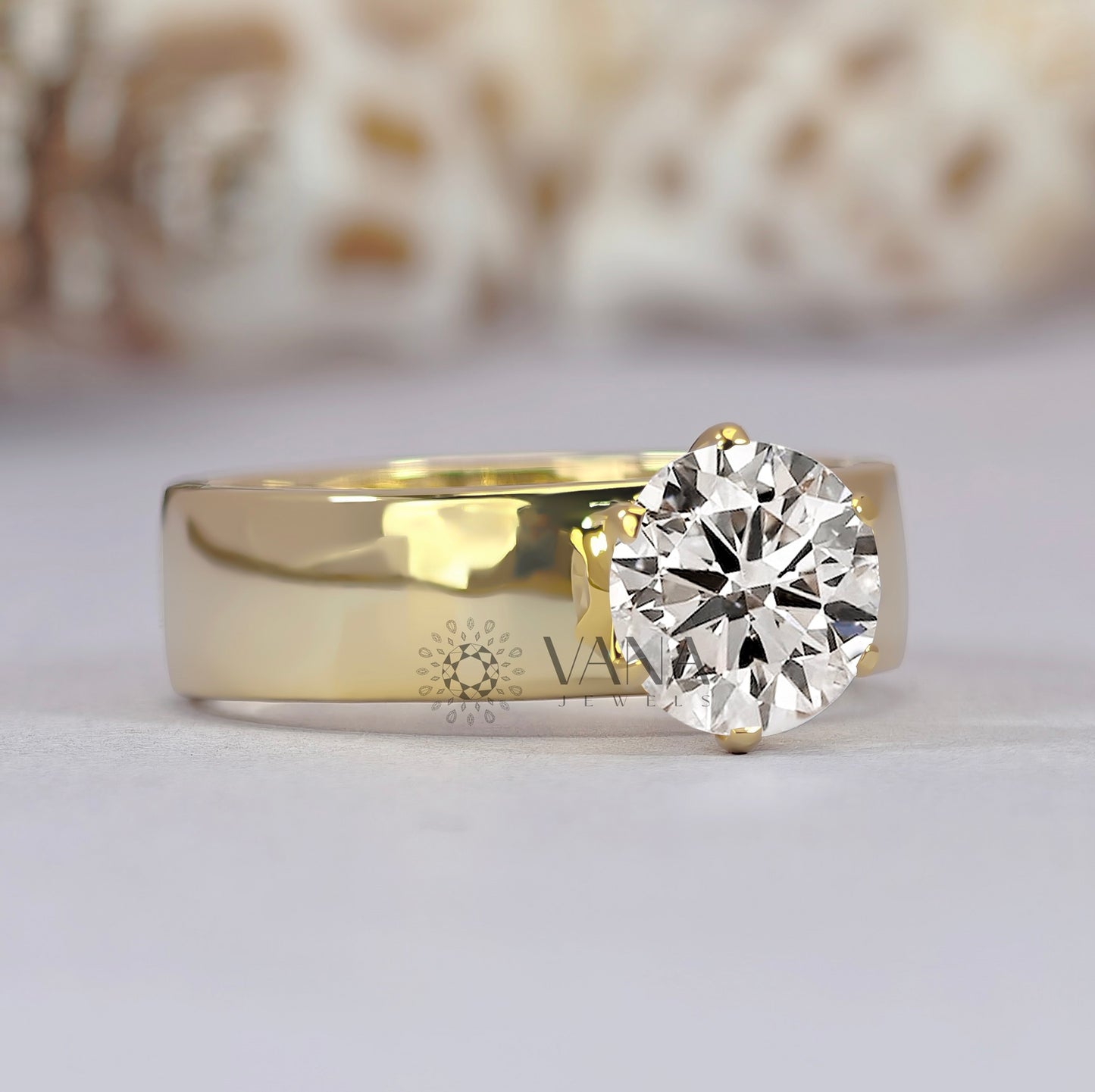 2.00 CT Round Cut Moissanite Wide Band Solitaire Engagement Ring in Yellow Gold