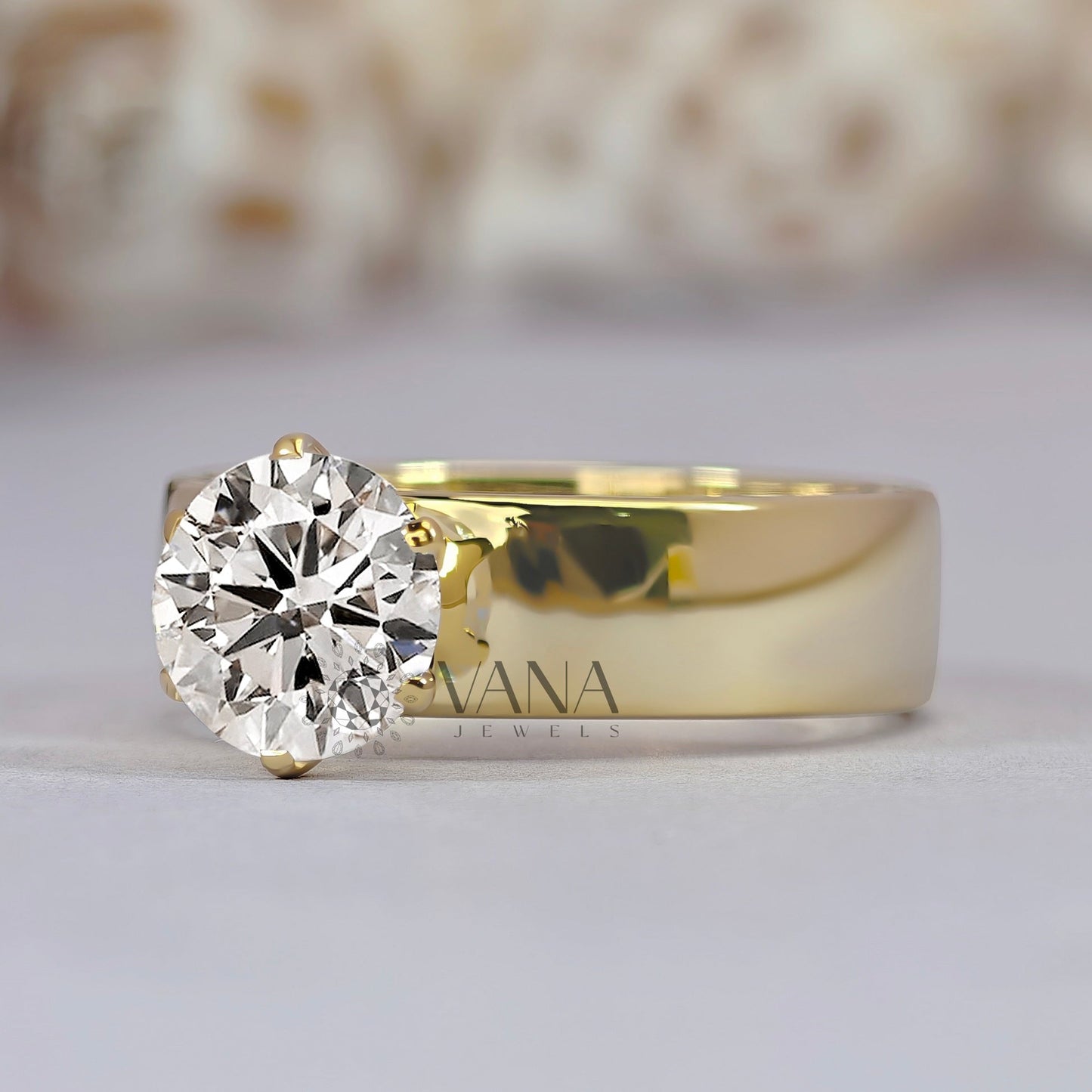 2.00 CT Round Cut Moissanite Wide Band Solitaire Engagement Ring in Yellow Gold