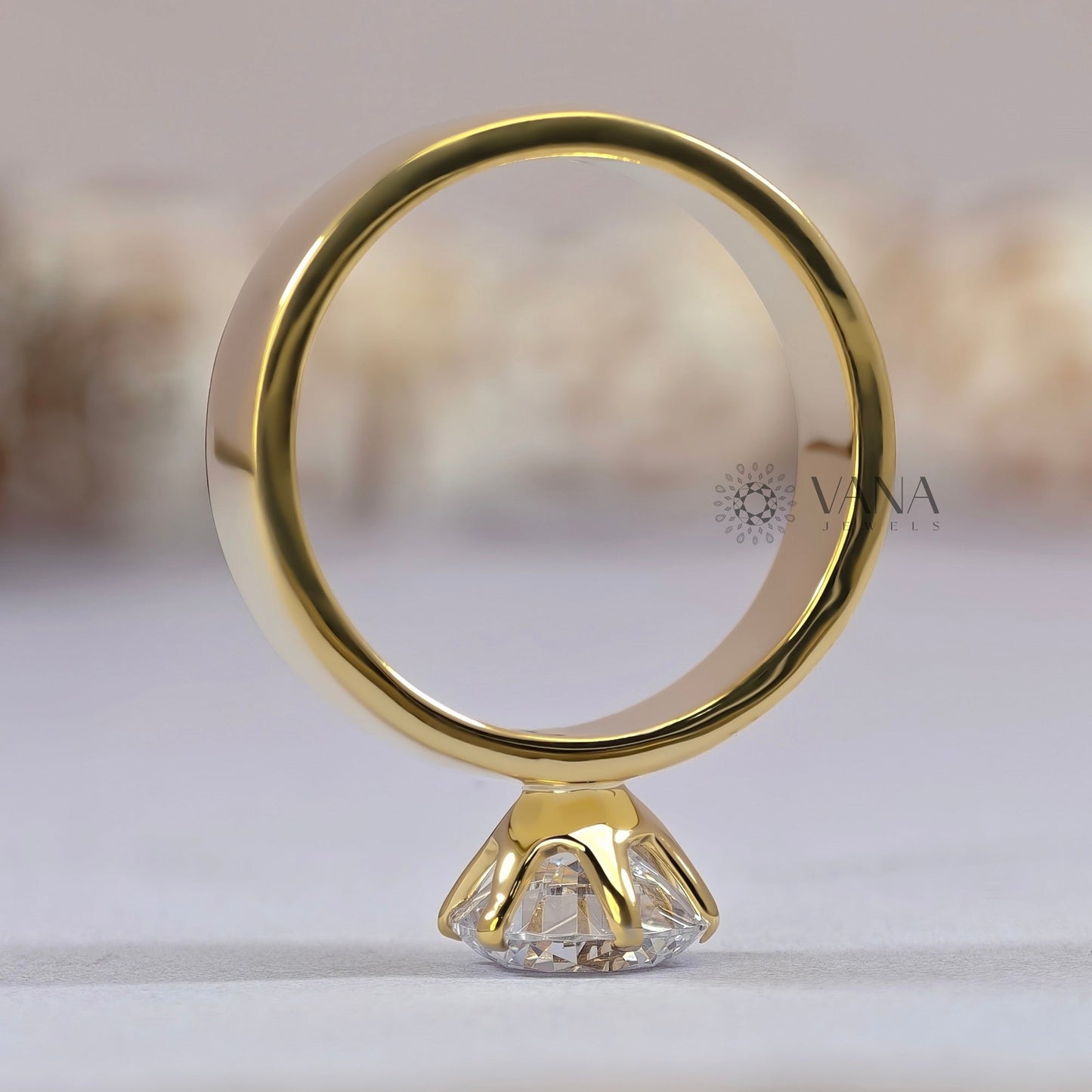 2.00 CT Round Cut Moissanite Wide Band Solitaire Engagement Ring in Yellow Gold