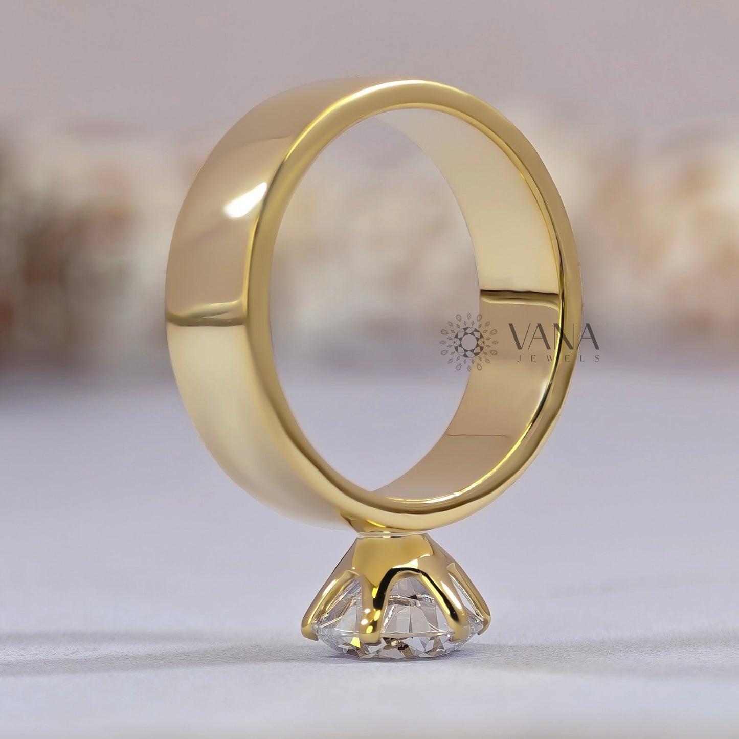 2.00 CT Round Cut Moissanite Wide Band Solitaire Engagement Ring in Yellow Gold