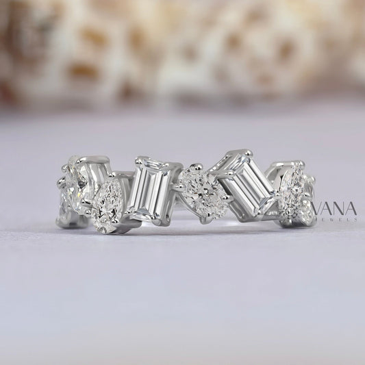 Mixed Cut Moissanite Half Eternity Wedding Band in 18K White Gold