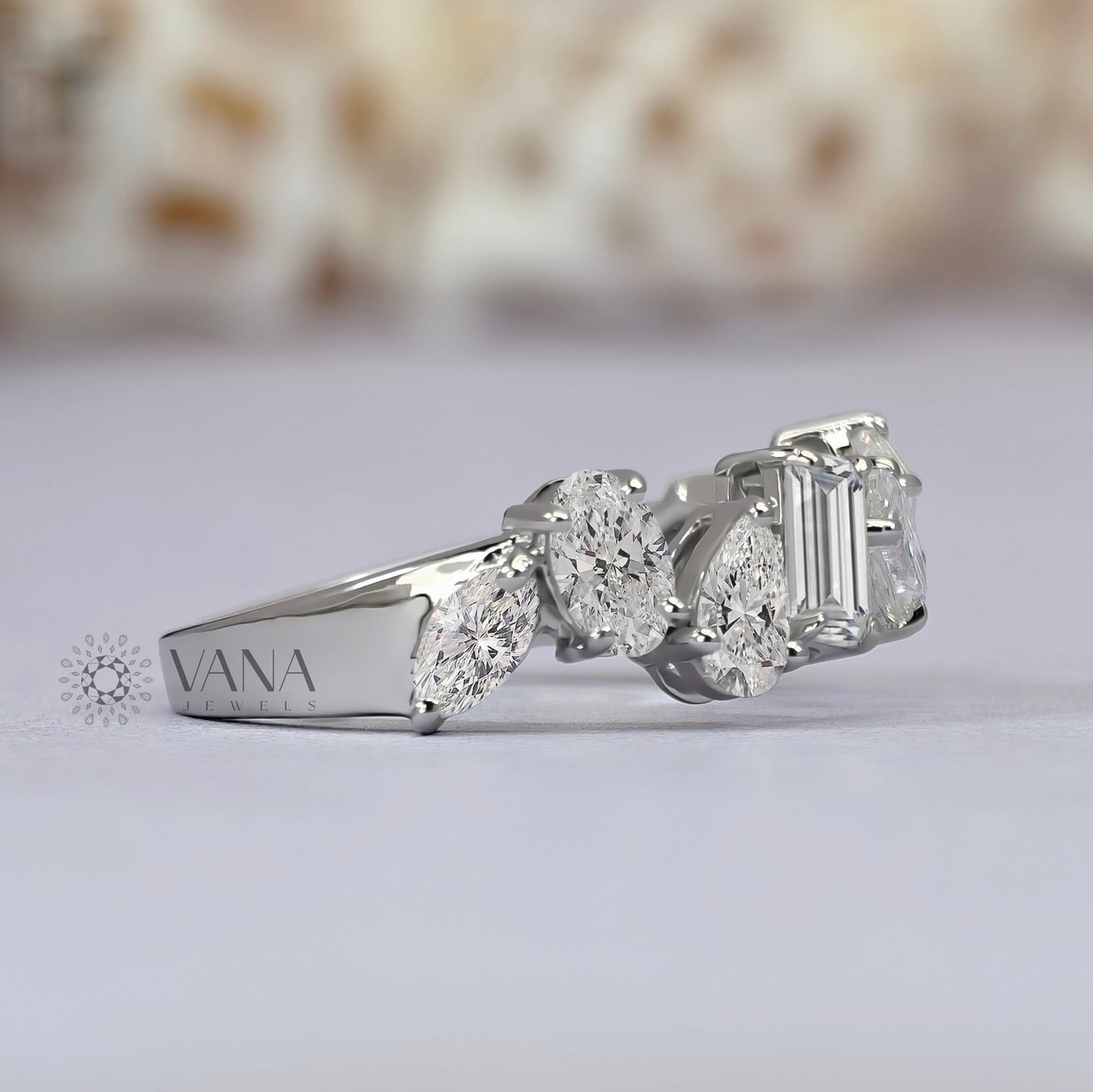 Mixed Cut Moissanite Half Eternity Wedding Band in 18K White Gold