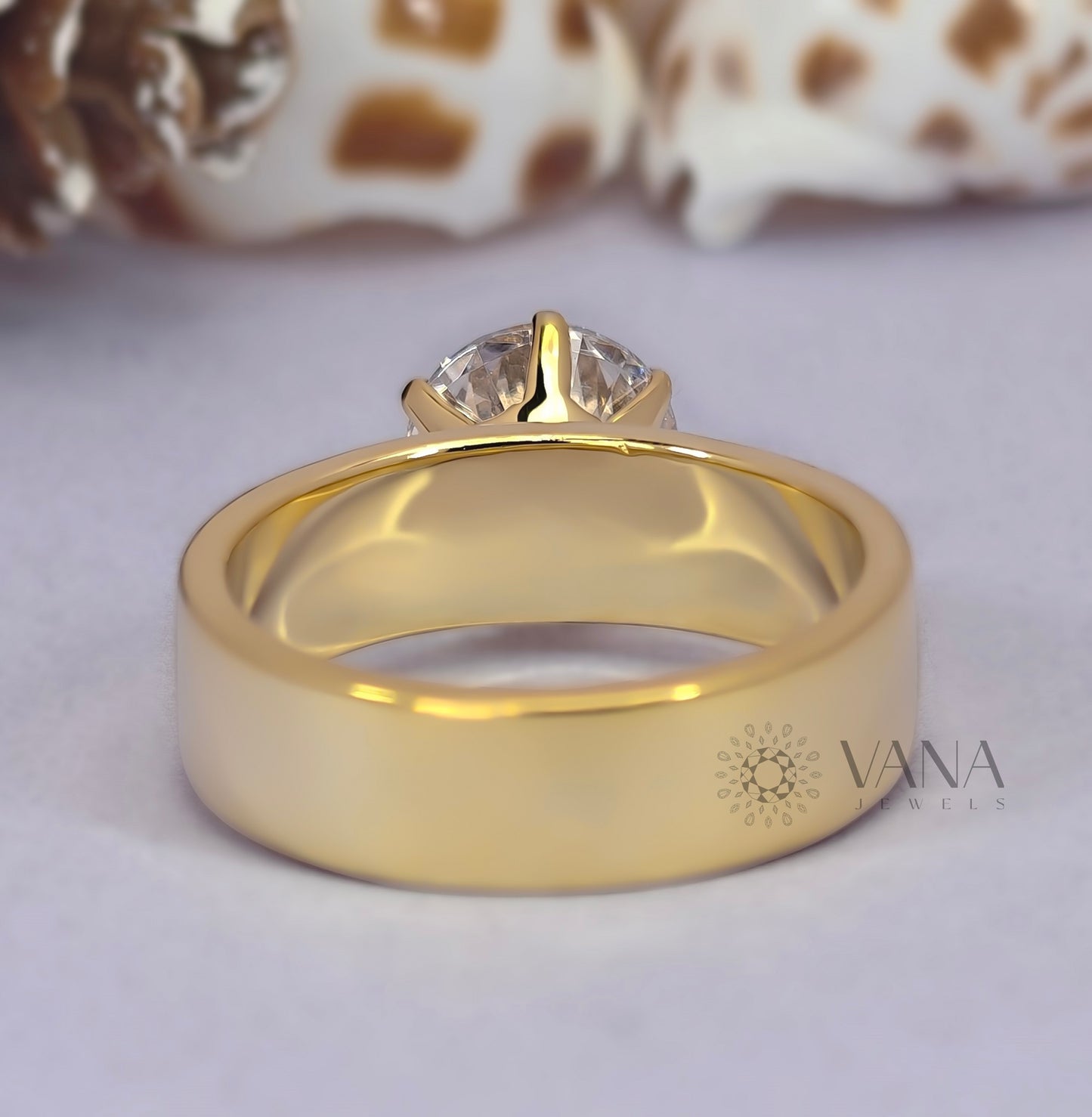 2.00 CT Round Cut Moissanite Wide Band Solitaire Engagement Ring in Yellow Gold