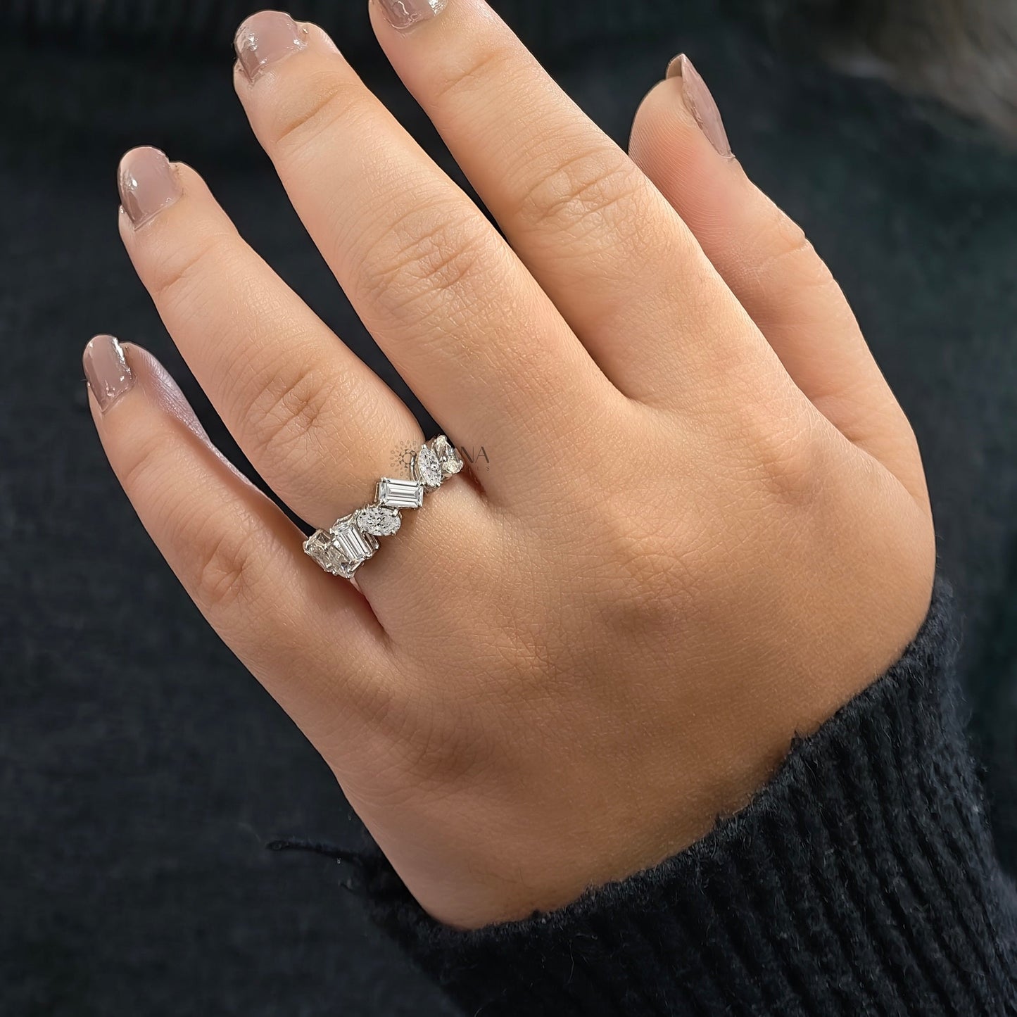 Mixed Cut Moissanite Half Eternity Wedding Band in 18K White Gold