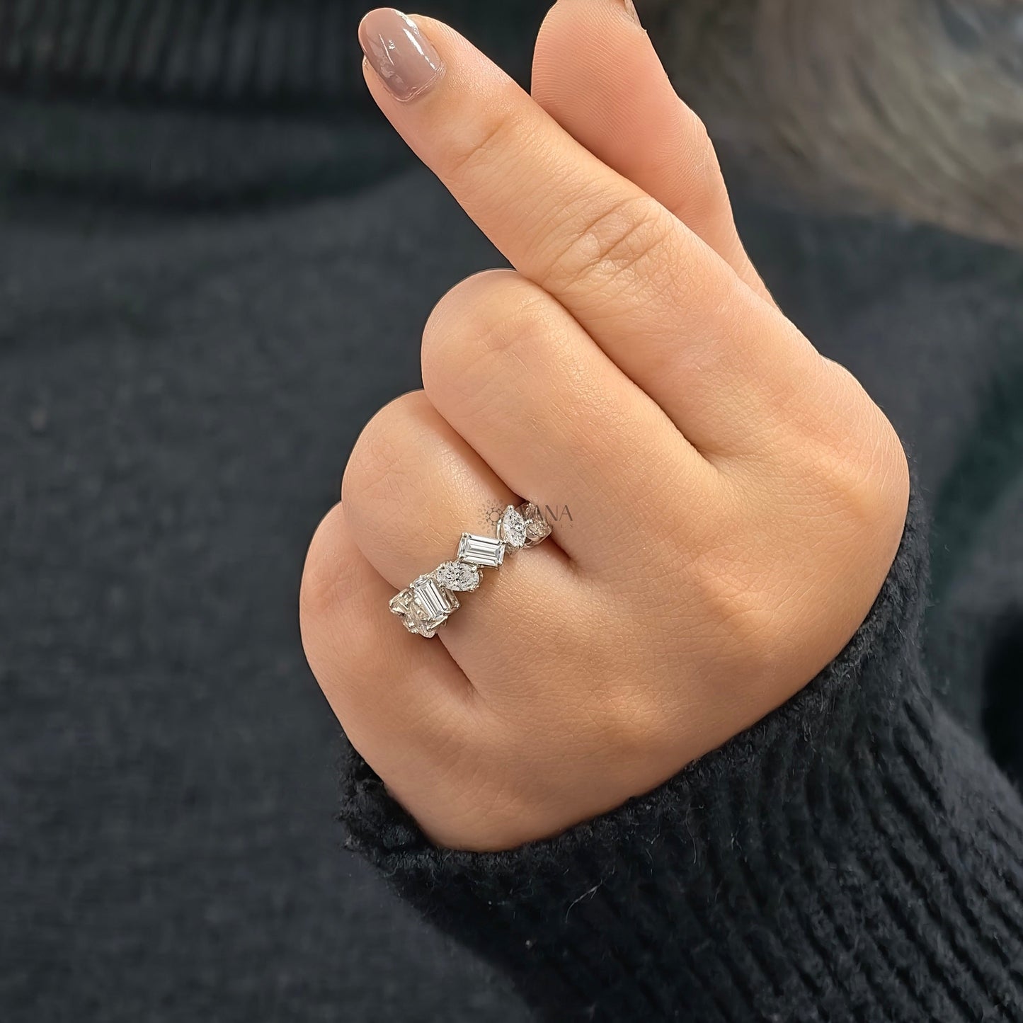 Mixed Cut Moissanite Half Eternity Wedding Band in 18K White Gold