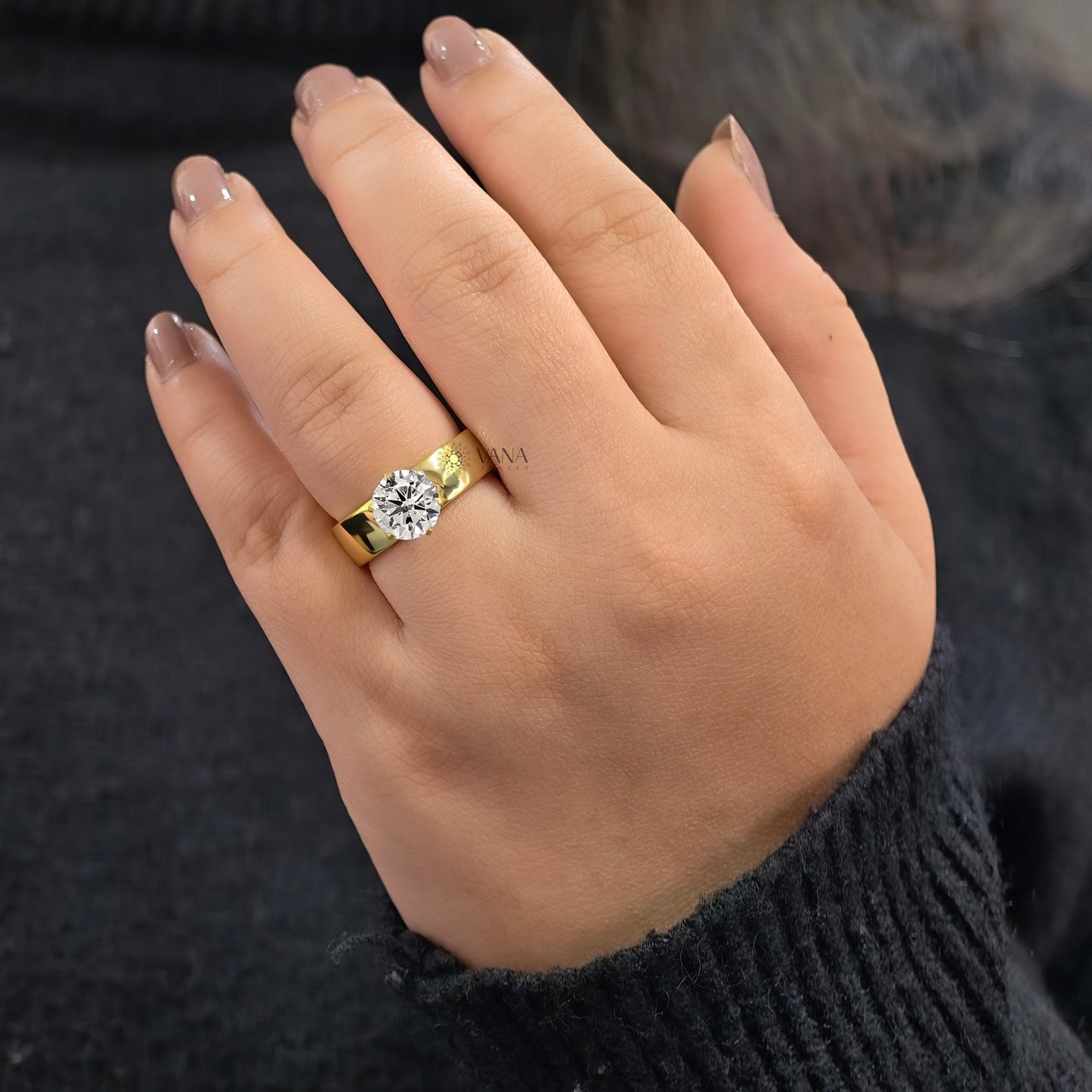 2.00 CT Round Cut Moissanite Wide Band Solitaire Engagement Ring in Yellow Gold