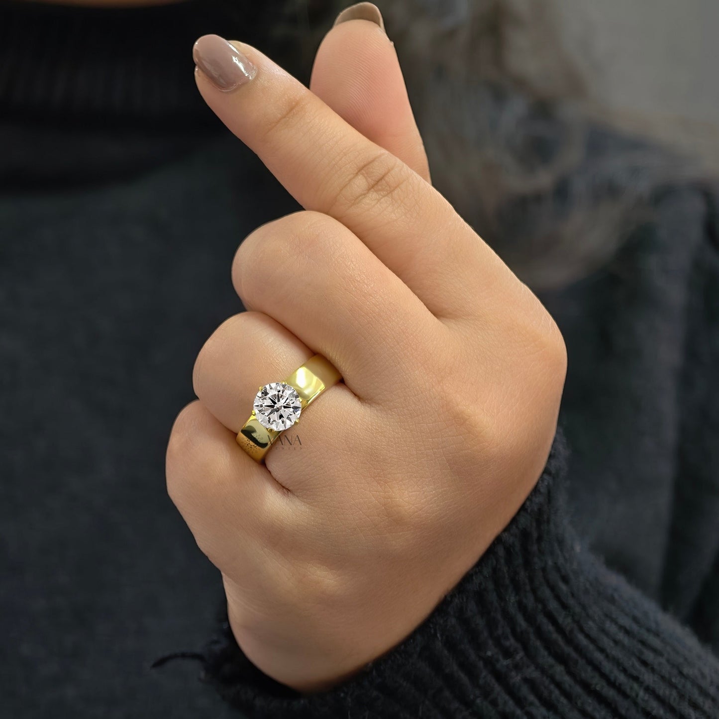 2.00 CT Round Cut Moissanite Wide Band Solitaire Engagement Ring in Yellow Gold