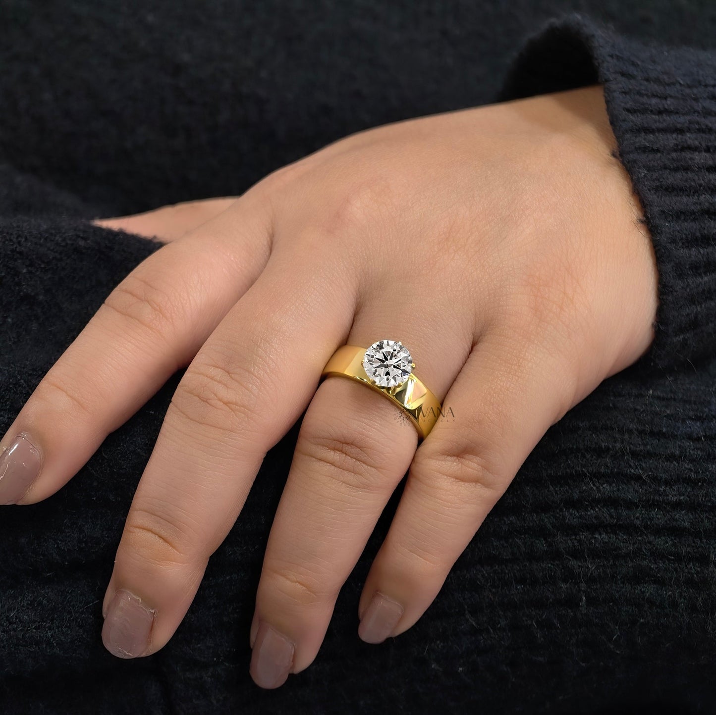 2.00 CT Round Cut Moissanite Wide Band Solitaire Engagement Ring in Yellow Gold