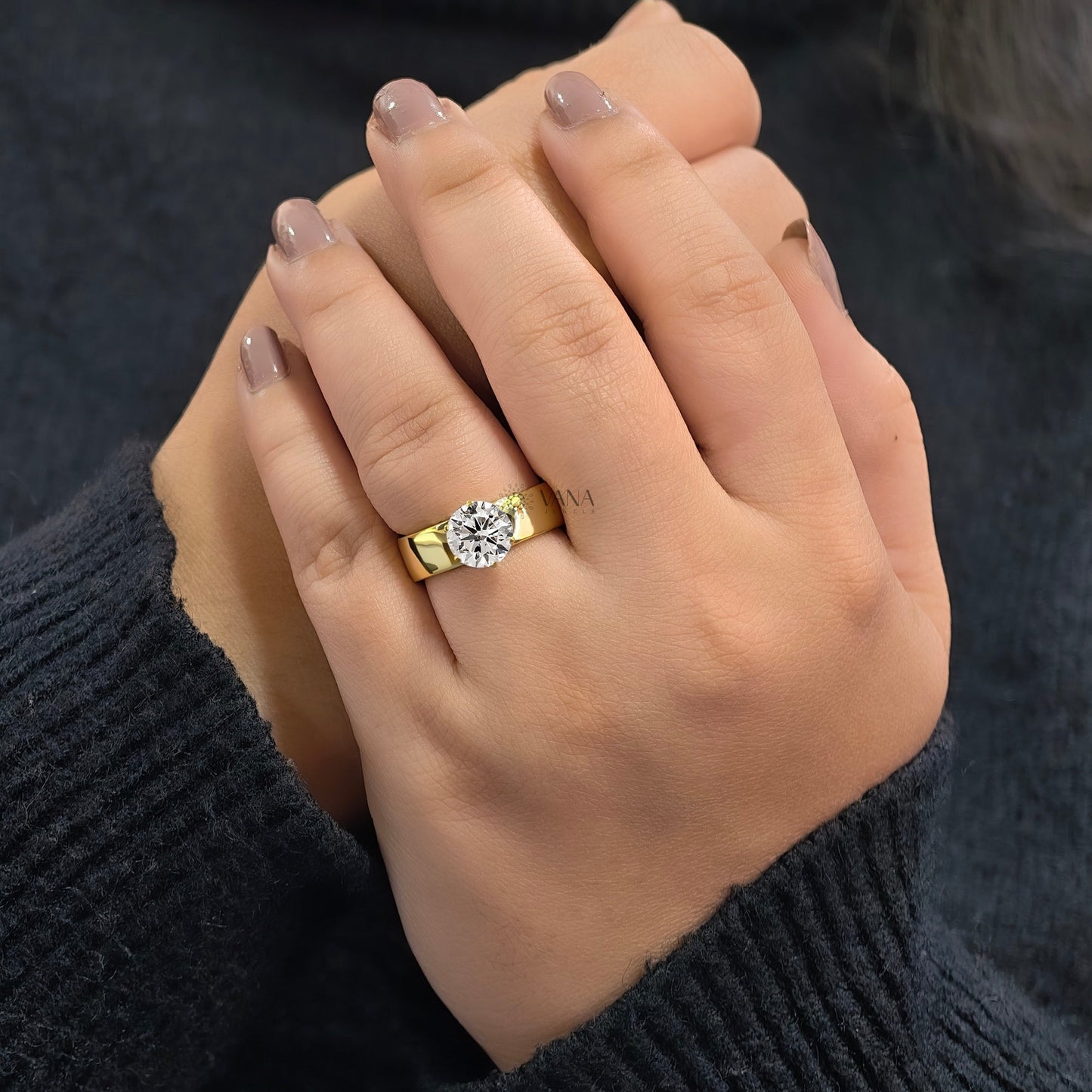 2.00 CT Round Cut Moissanite Wide Band Solitaire Engagement Ring in Yellow Gold