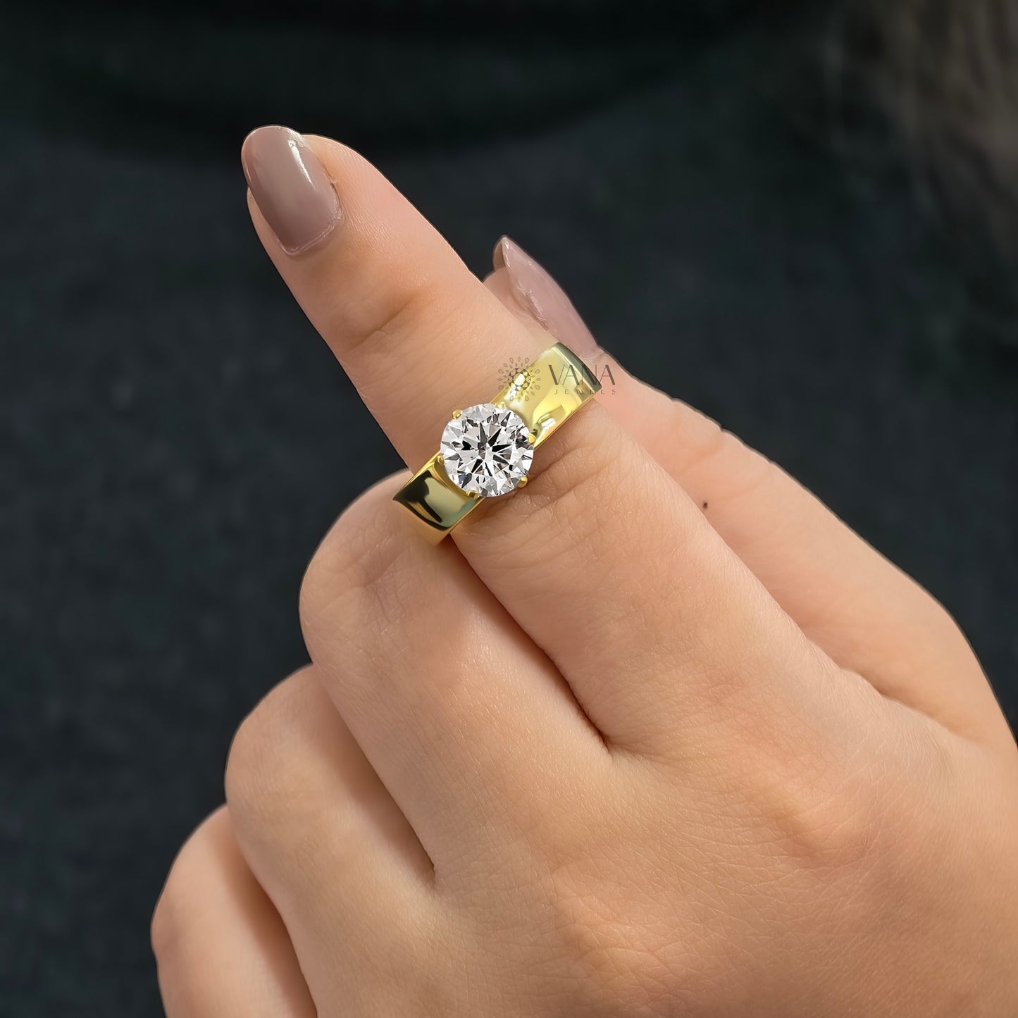 2.00 CT Round Cut Moissanite Wide Band Solitaire Engagement Ring in Yellow Gold