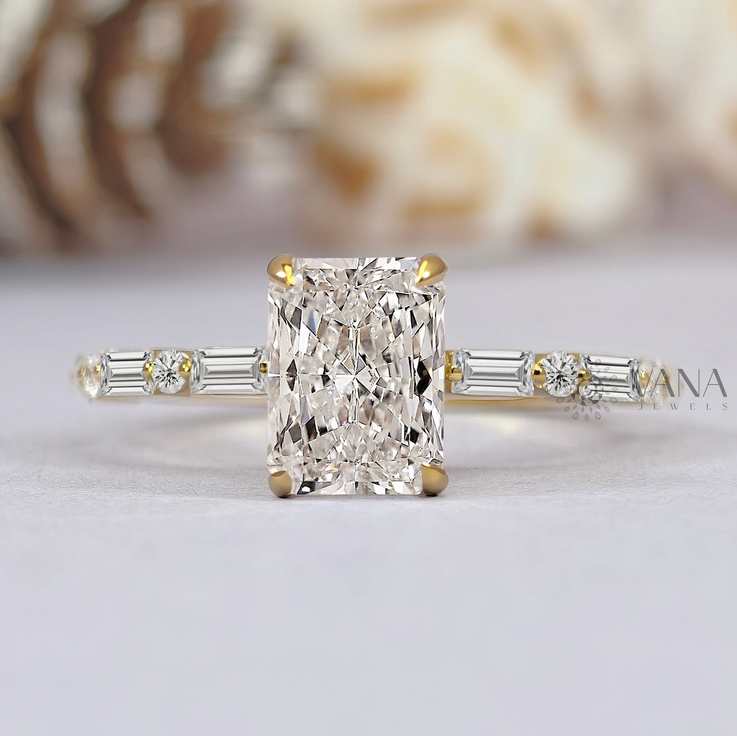 Radiant Cut Moissanite Engagement Ring with Baguette & Round Side Stones