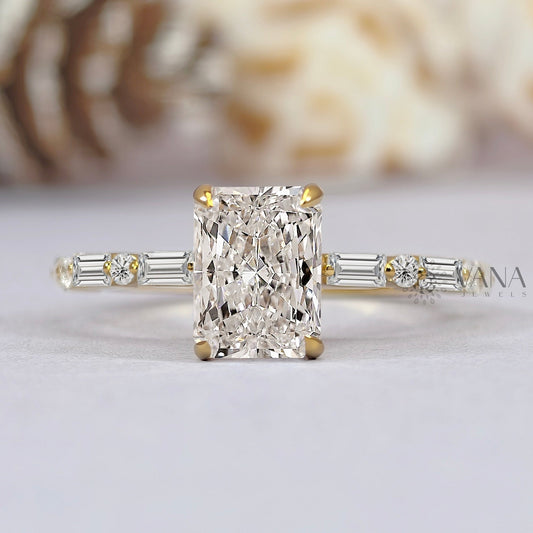 Radiant Cut Moissanite Engagement Ring with Baguette & Round Side Stones