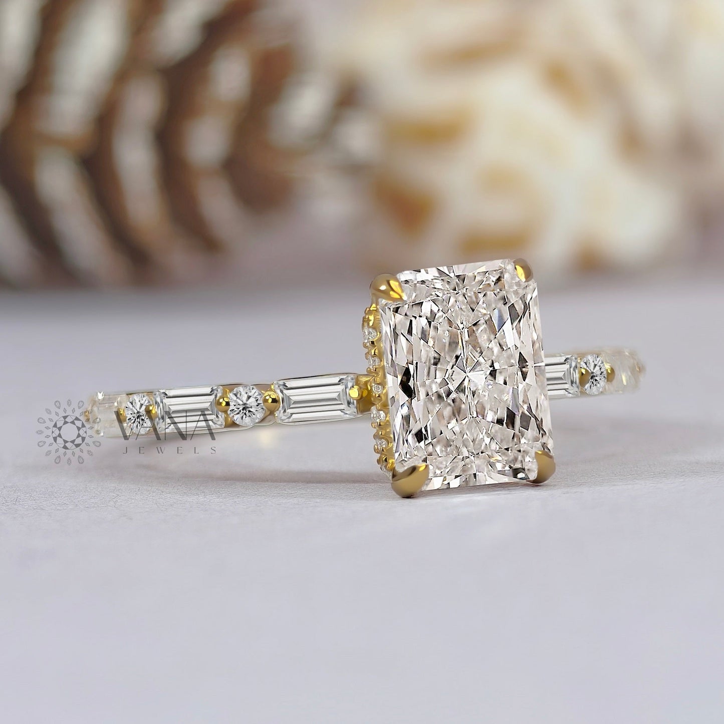 Radiant Cut Moissanite Engagement Ring with Baguette & Round Side Stones