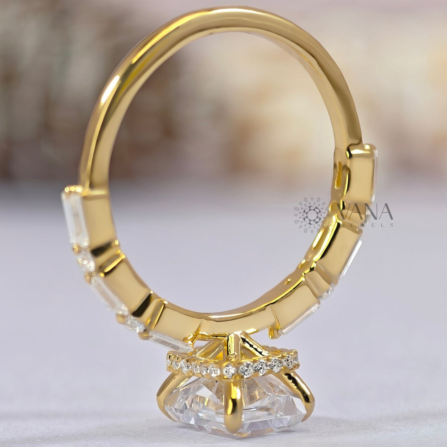 Radiant Cut Moissanite Engagement Ring with Baguette & Round Side Stones