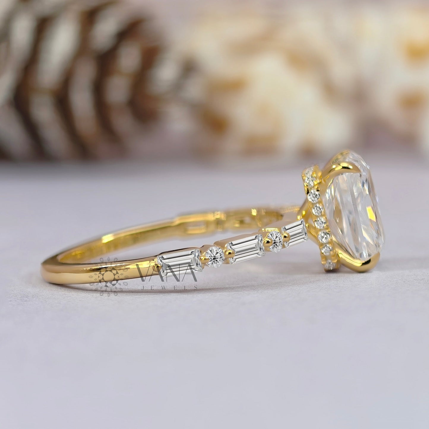 Radiant Cut Moissanite Engagement Ring with Baguette & Round Side Stones