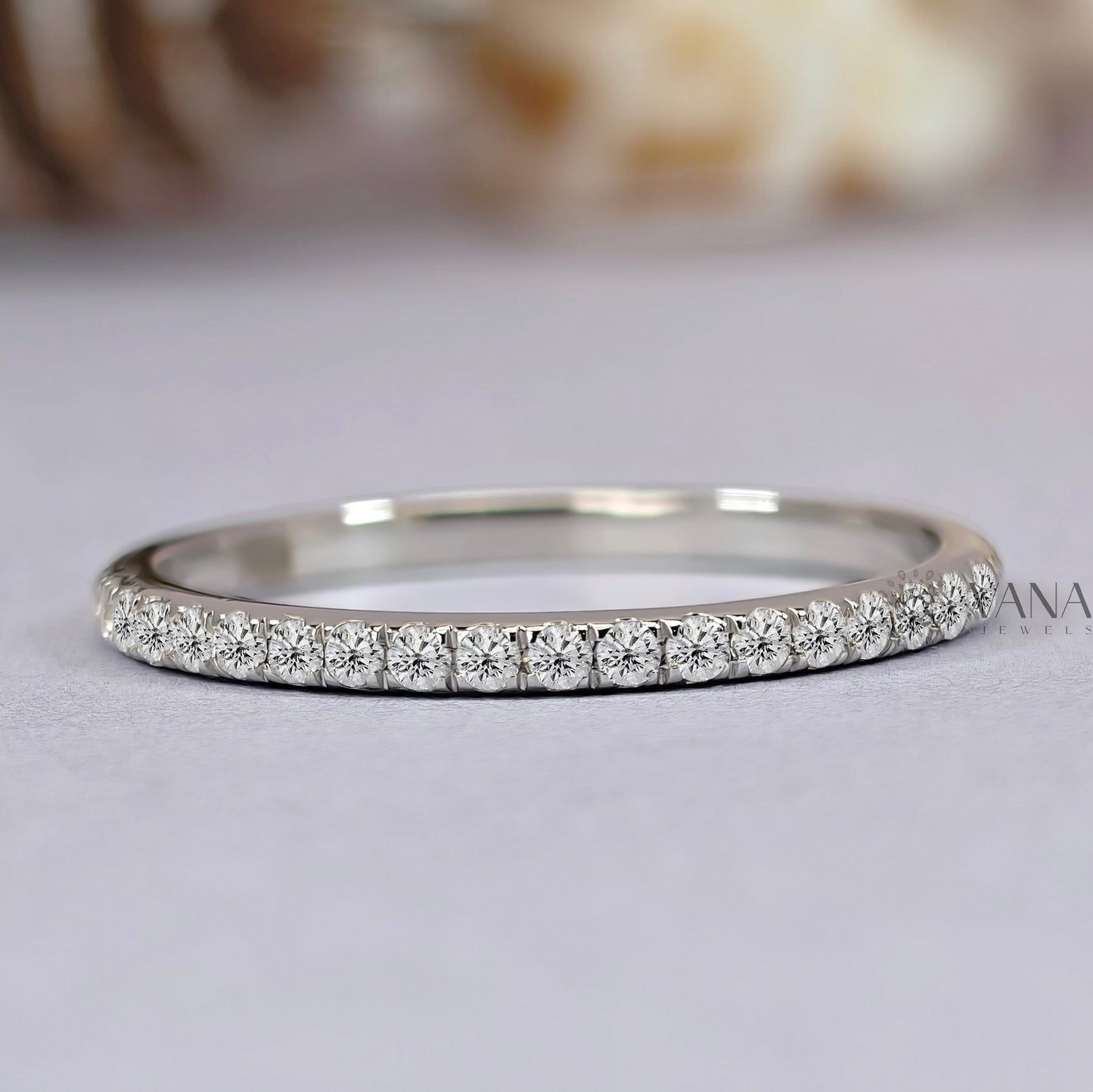 Round Cut Moissanite Wedding Band, White Gold Stackable Pave Eternity Ring
